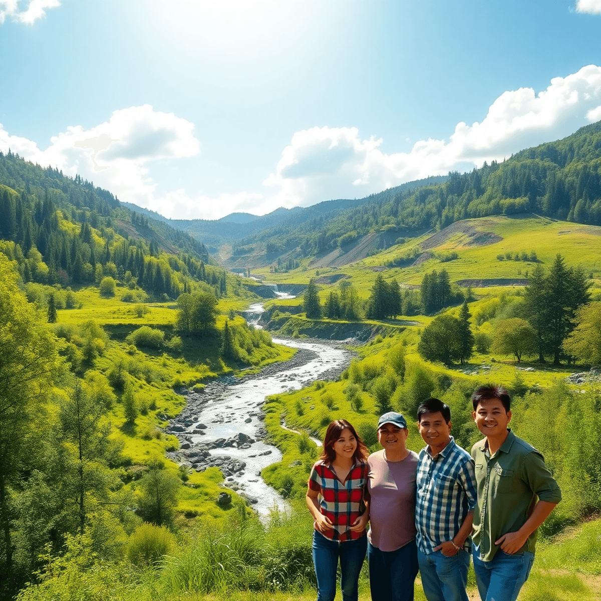 Lush green mining site with trees, flowing water, wildlife, and community members engaging harmoniously und...