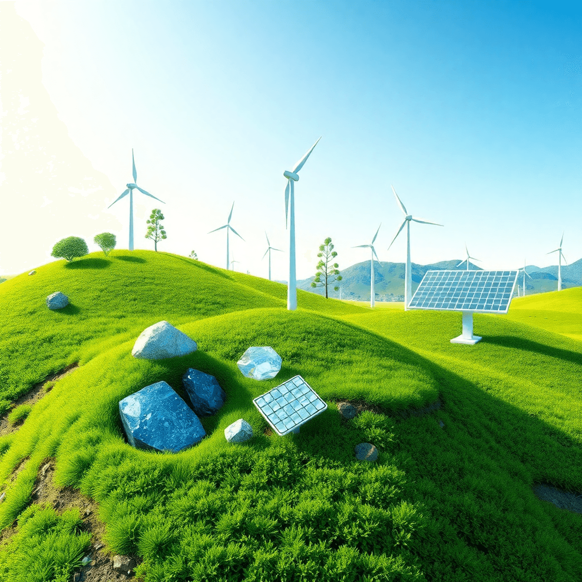 A vibrant green landscape showing abstract minerals in the earth, wind turbines, solar panels, and a clear ...