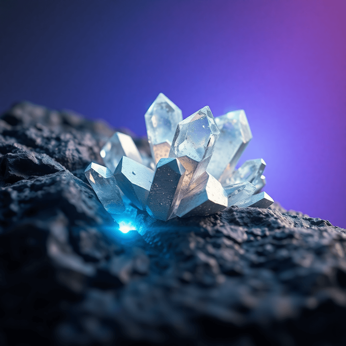 Close-up of shiny silver, platinum, and rare earth crystals on dark rock, glowing with blue and purple ligh...