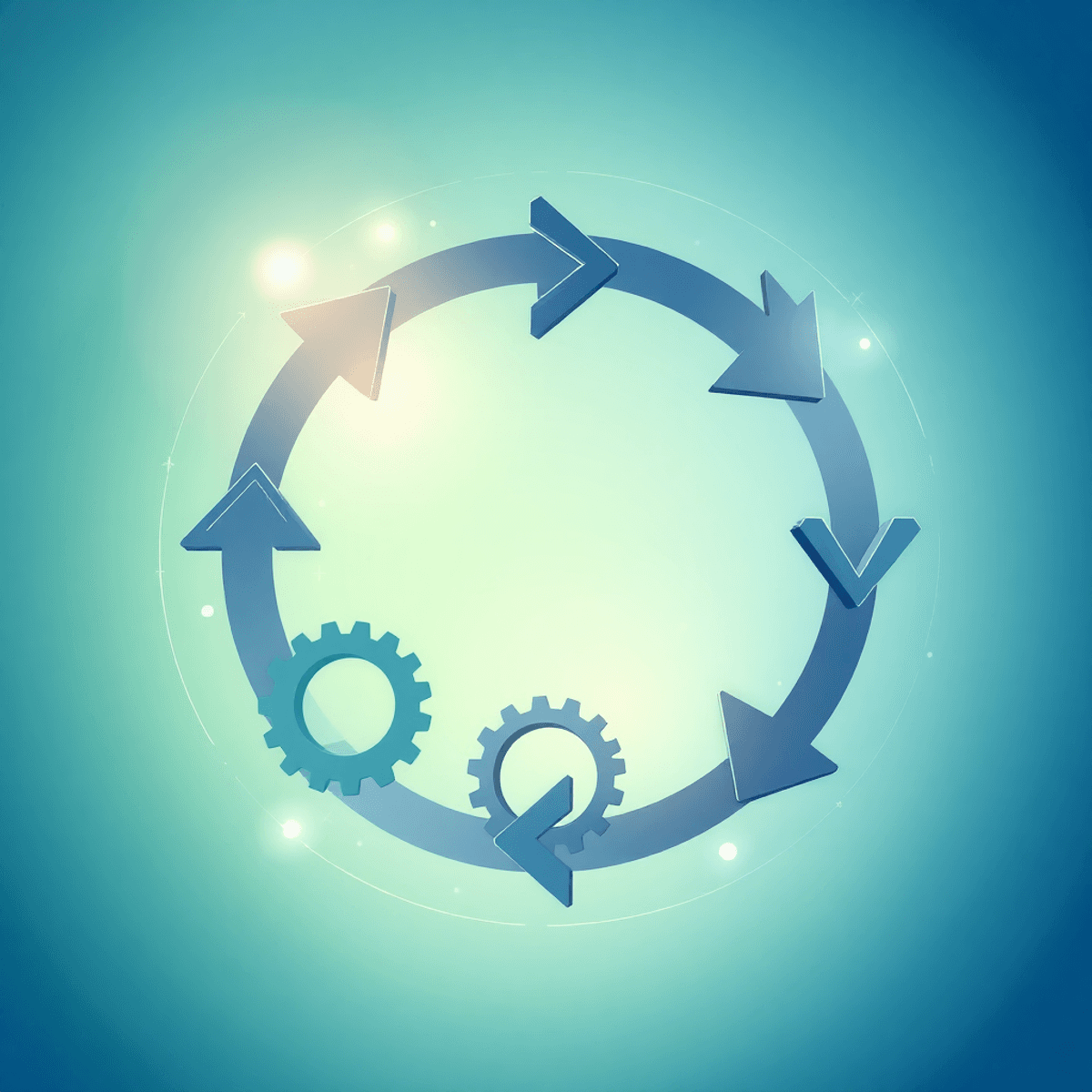 Abstract image of interconnected gears and arrows in a circular loop with blue-green gradient background sy...