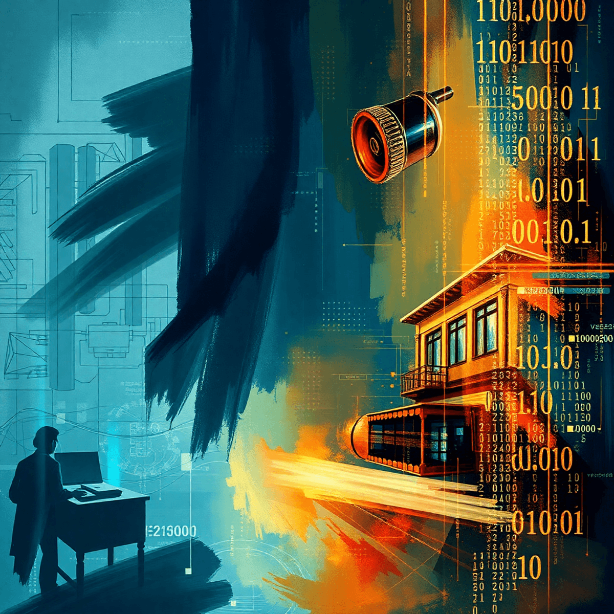 Artistic brushstrokes merge with glowing binary code and abstract data overlaid on architectural blueprints...