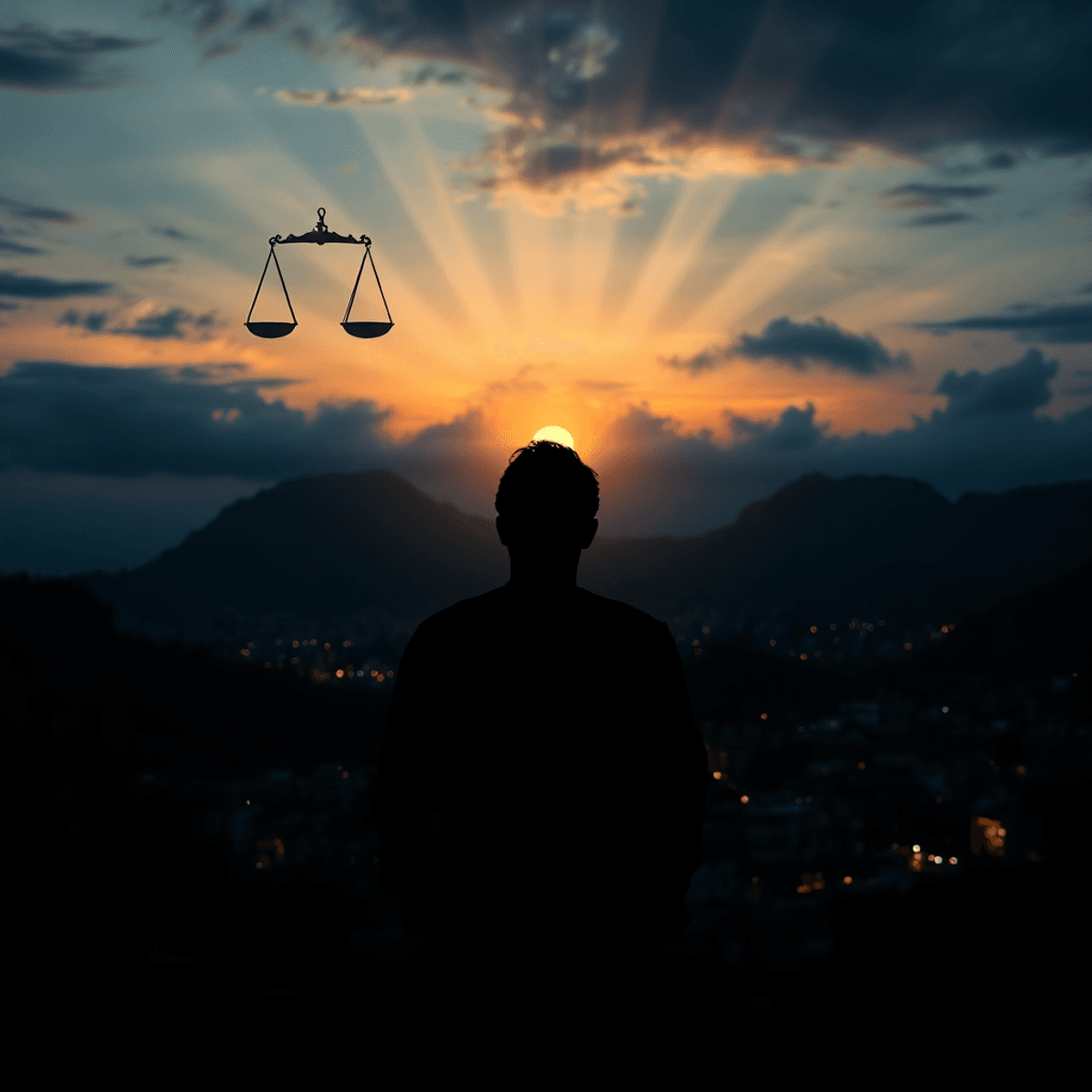 Silhouette of a thoughtful actor against Rio favelas at dusk, with scales of justice in the sky and abstrac...