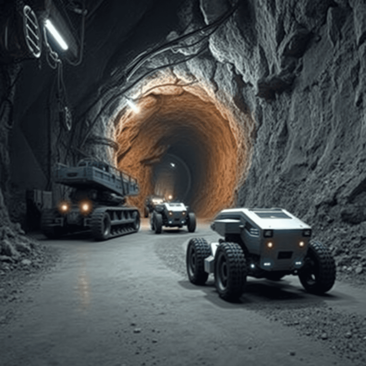 Futuristic underground mining with autonomous robots and machinery in a large tunnel, illuminated by soft i...