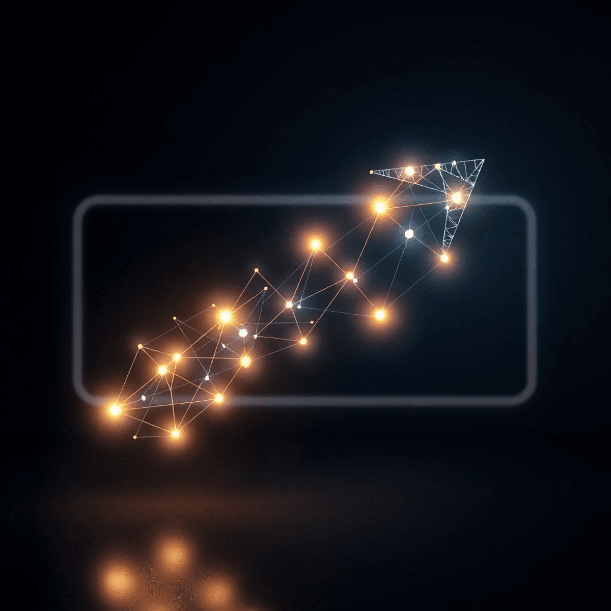 Abstract upward arrow made of glowing geometric shapes and nodes on a sleek gradient background, symbolizin...