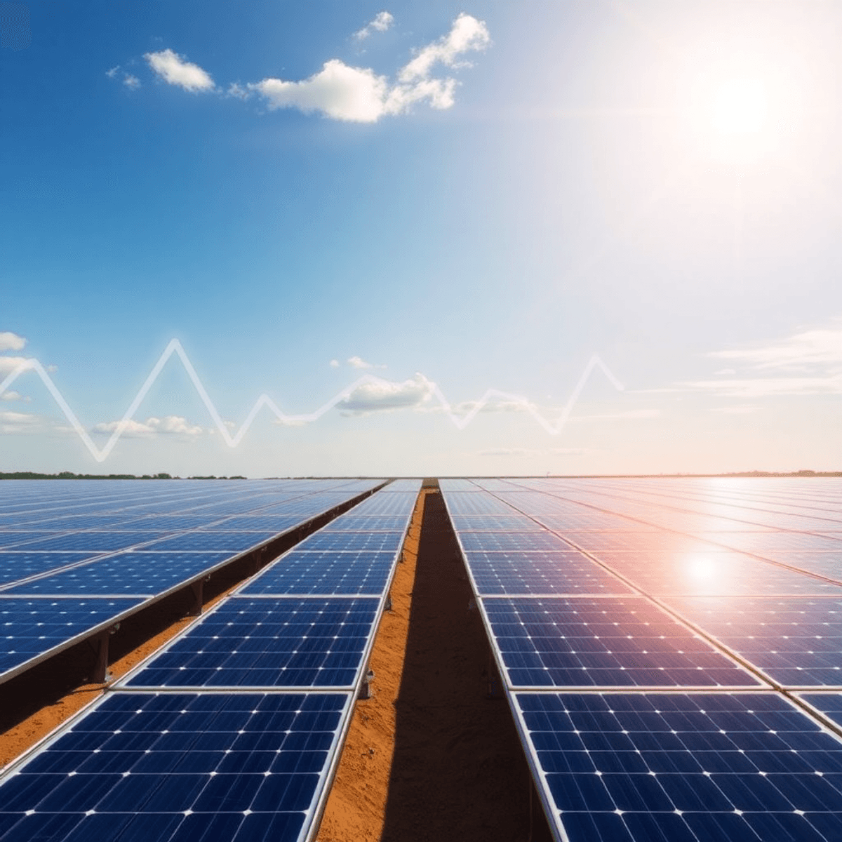 Solar farm with rows of panels under a bright sky, overlaid with abstract graphs and arrows symbolizing mar...