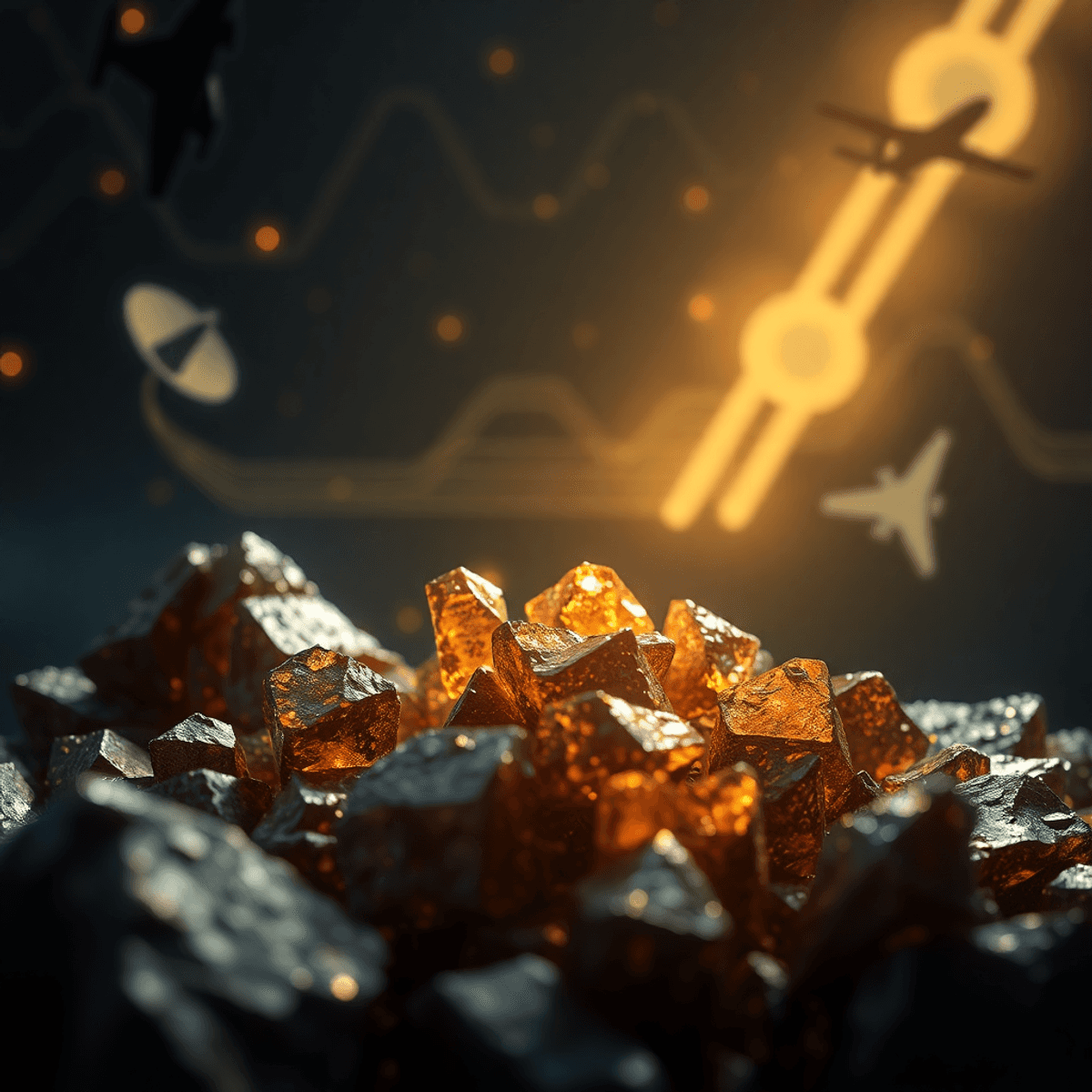 Close-up of glowing metallic minerals with abstract circuit patterns and faint silhouettes of radar dishes ...