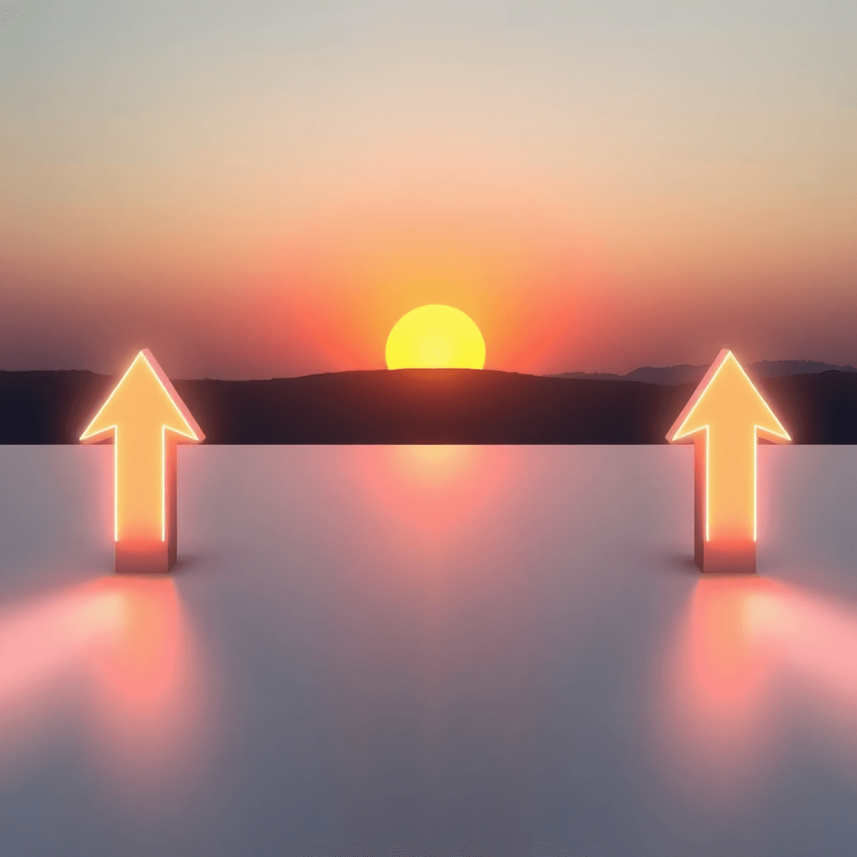 Sunrise with glowing abstract arrows pointing upward and forward, symbolizing progress and growth against a...