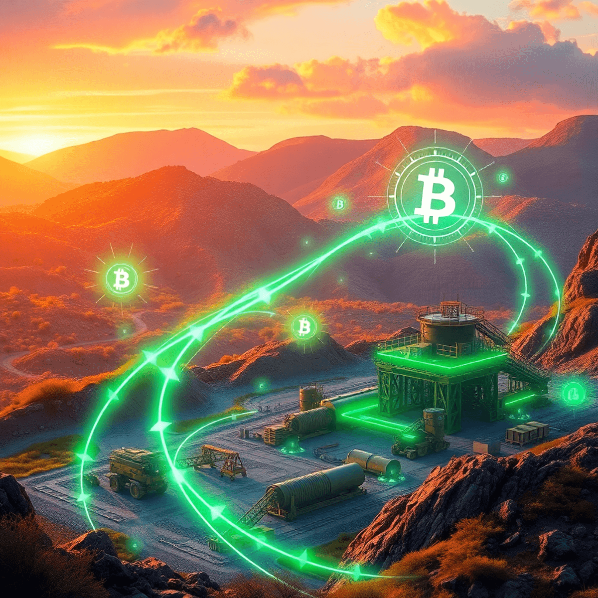 Futuristic mining site with glowing green energy streams and digital blockchain symbols amid a vibrant natu...