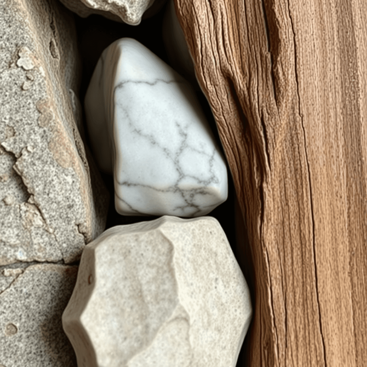 Close-up of rough stone, polished marble, weathered wood, and sleek metal arranged abstractly with soft lighting highlighting textures.