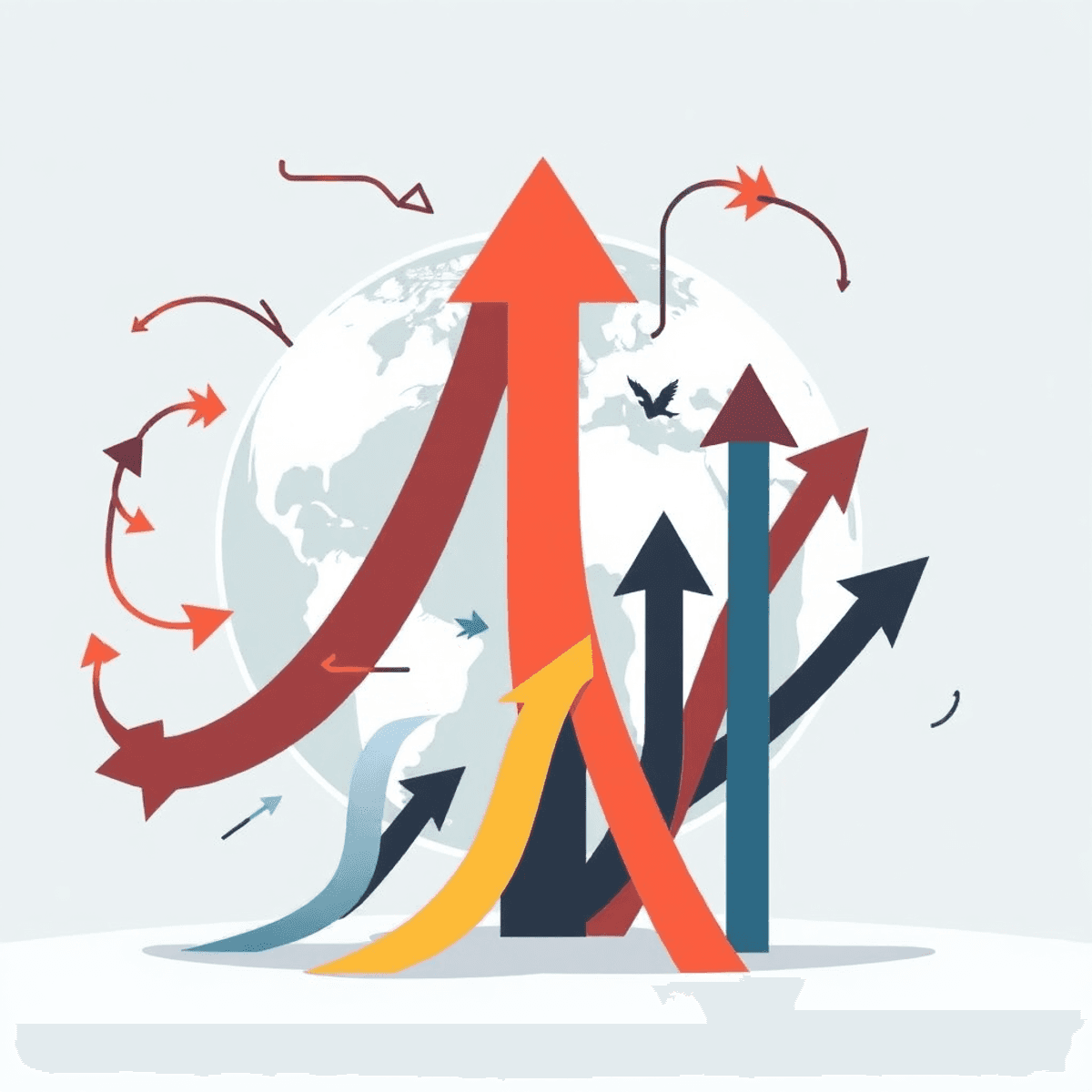 Abstract illustration with swirling and upward arrows over a faint globe, blending cool and warm tones to d...