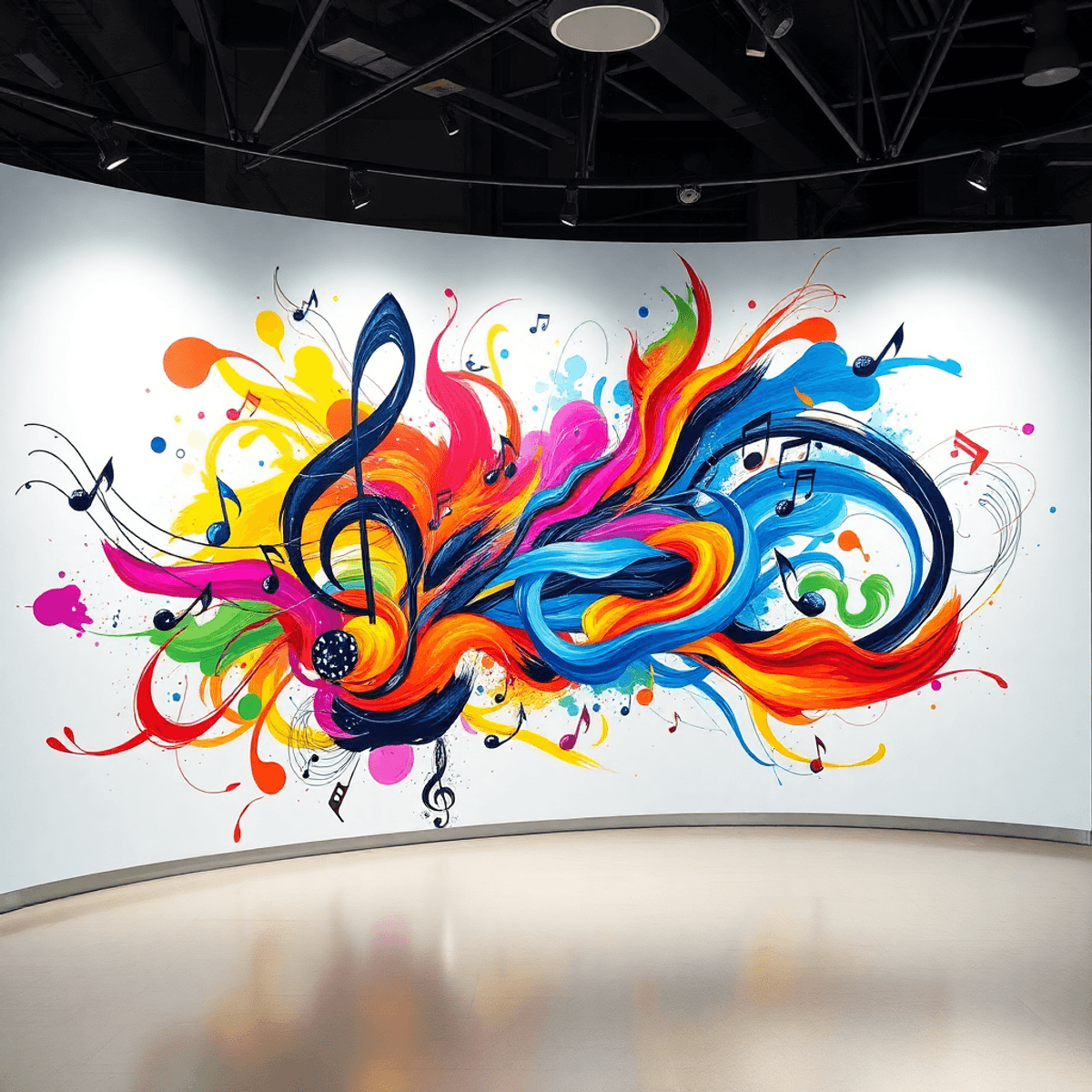 Abstract composition of vibrant musical notes and swirling paint strokes in a modern gallery with soft ambi...