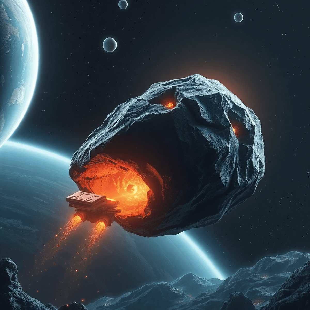 A large asteroid near Earth with robotic miners extracting glowing minerals, set against a starry space bac...