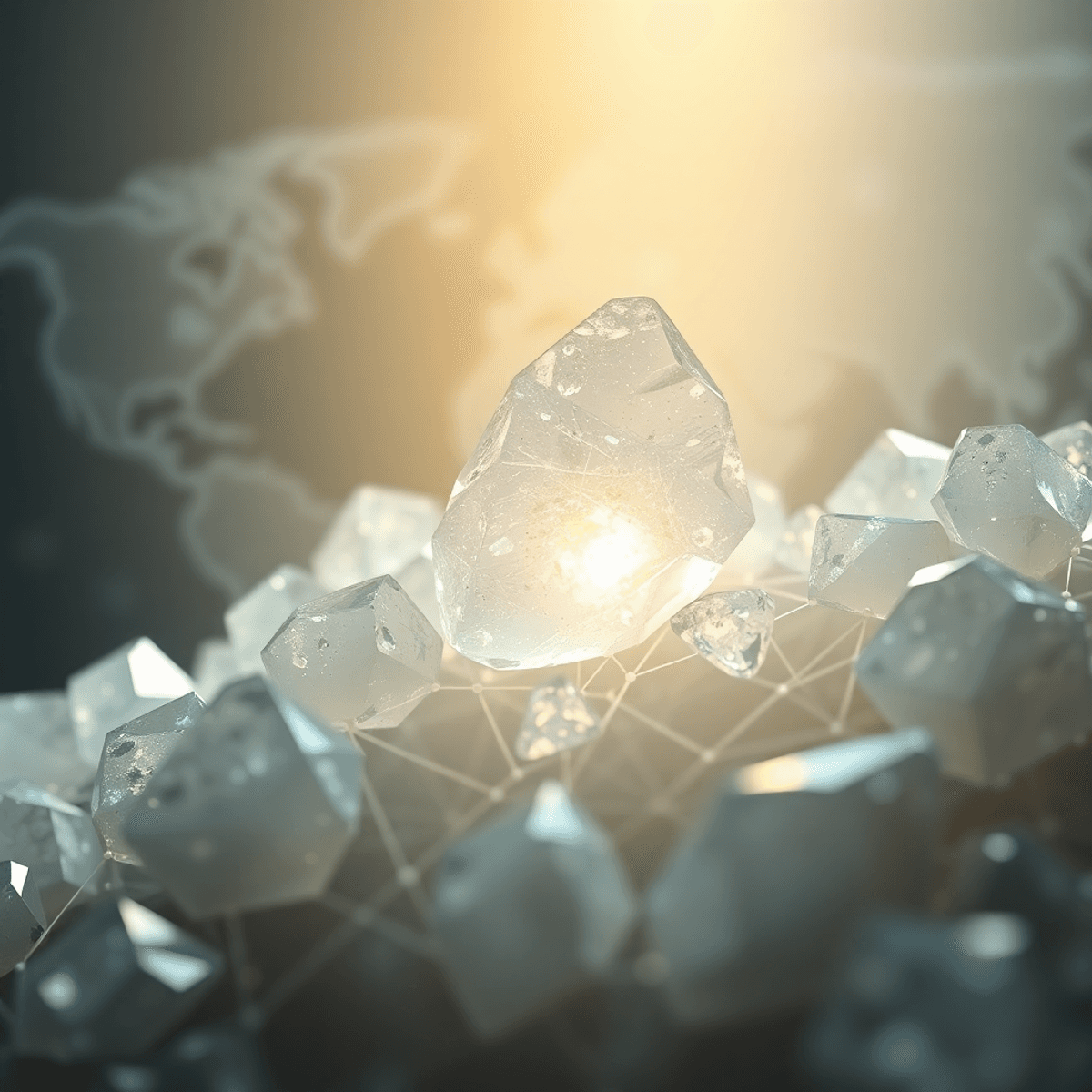 Close-up of glowing lithium crystals with abstract global map and interconnected lines symbolizing clean en...