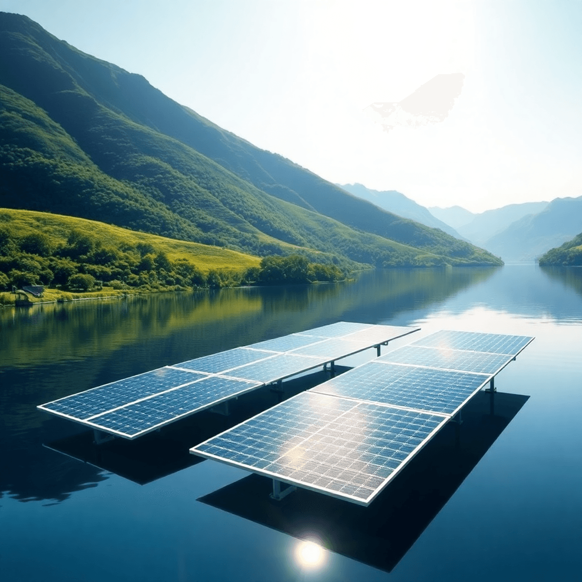 A calm reservoir with modern floating solar panels under a clear sky, surrounded by green hills, symbolizin...