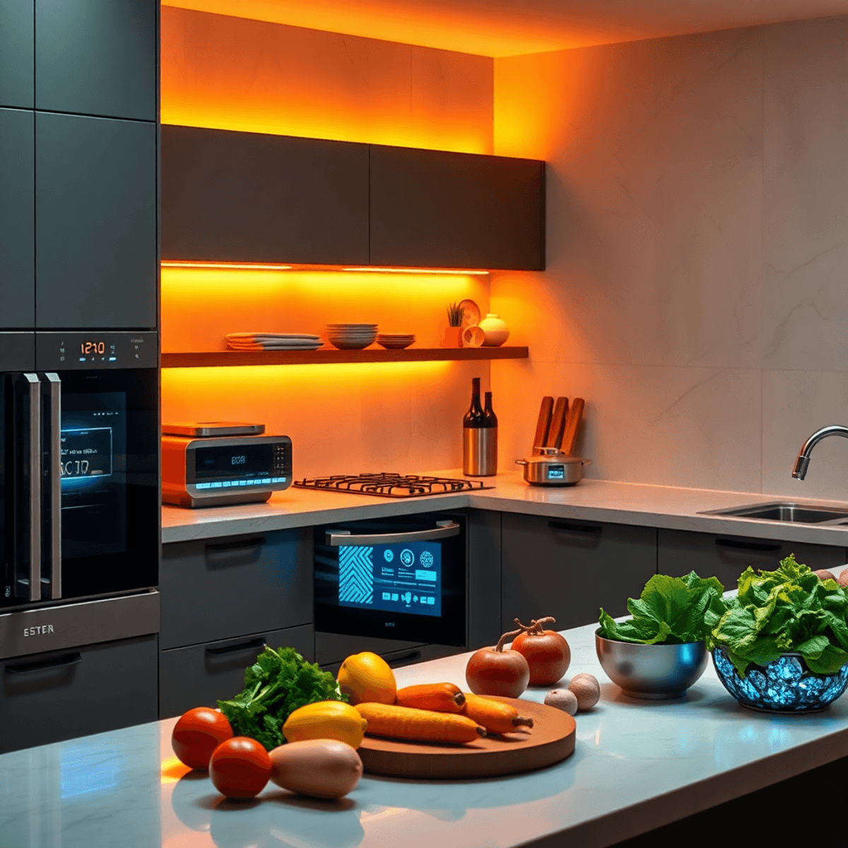 A modern kitchen with futuristic glowing appliances, warm lighting, and fresh ingredients on the countertop...