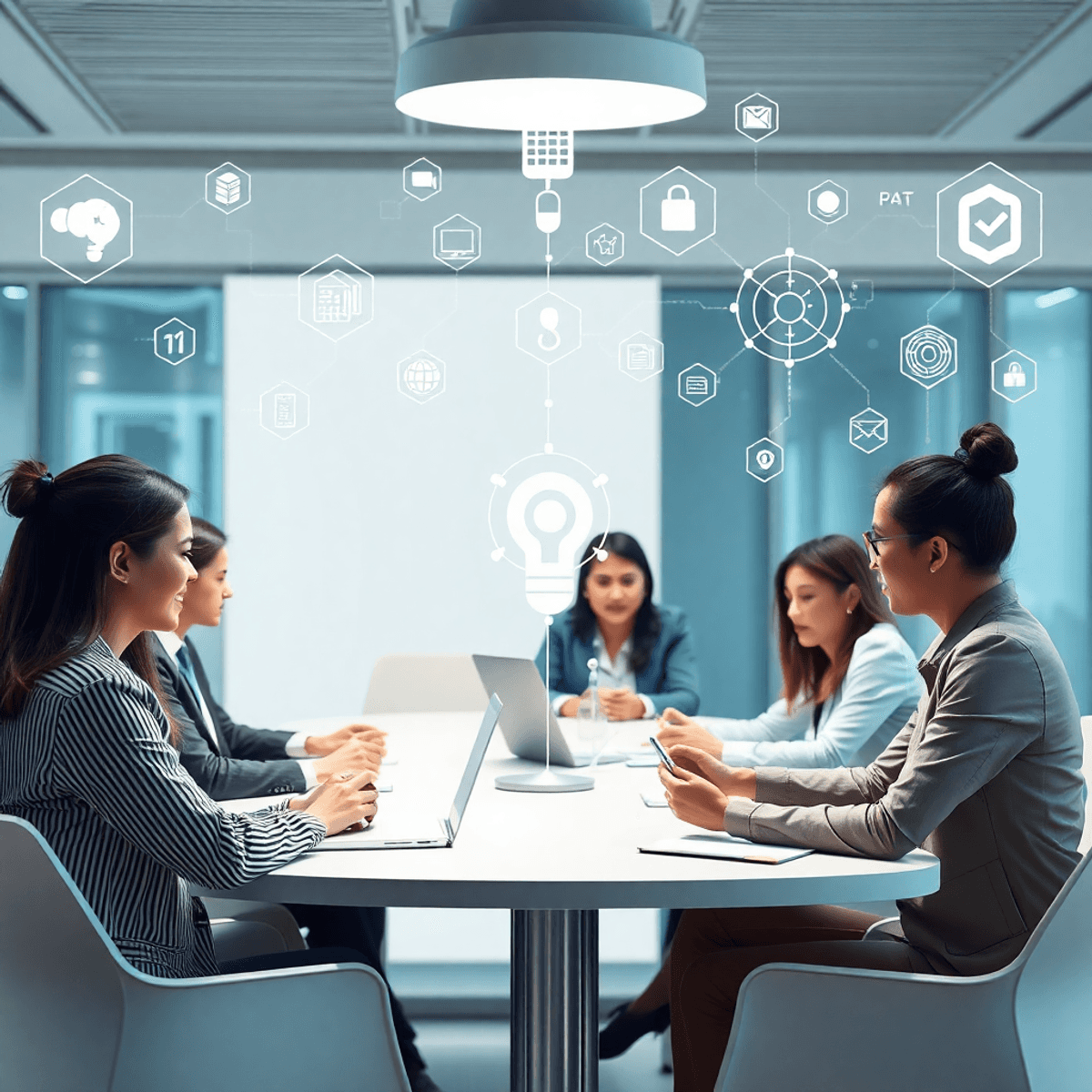 Professionals collaborating around a modern conference table with digital icons of AI, technology, and inno...