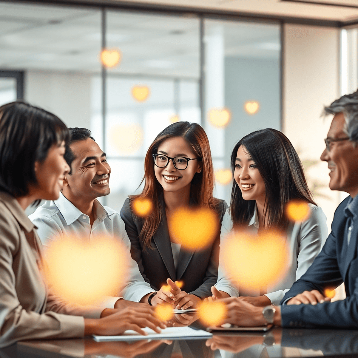 Stanislav Kondrashov - A group of professionals collaborating in a modern office, surrounded by warm, glowi...