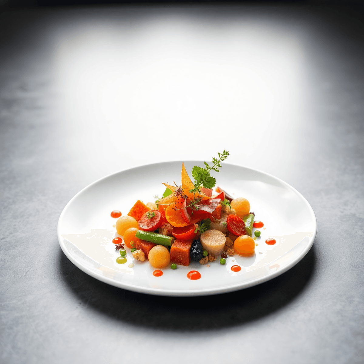 A vibrant gourmet dish with colorful fresh ingredients artfully arranged on a white plate, highlighting tex...
