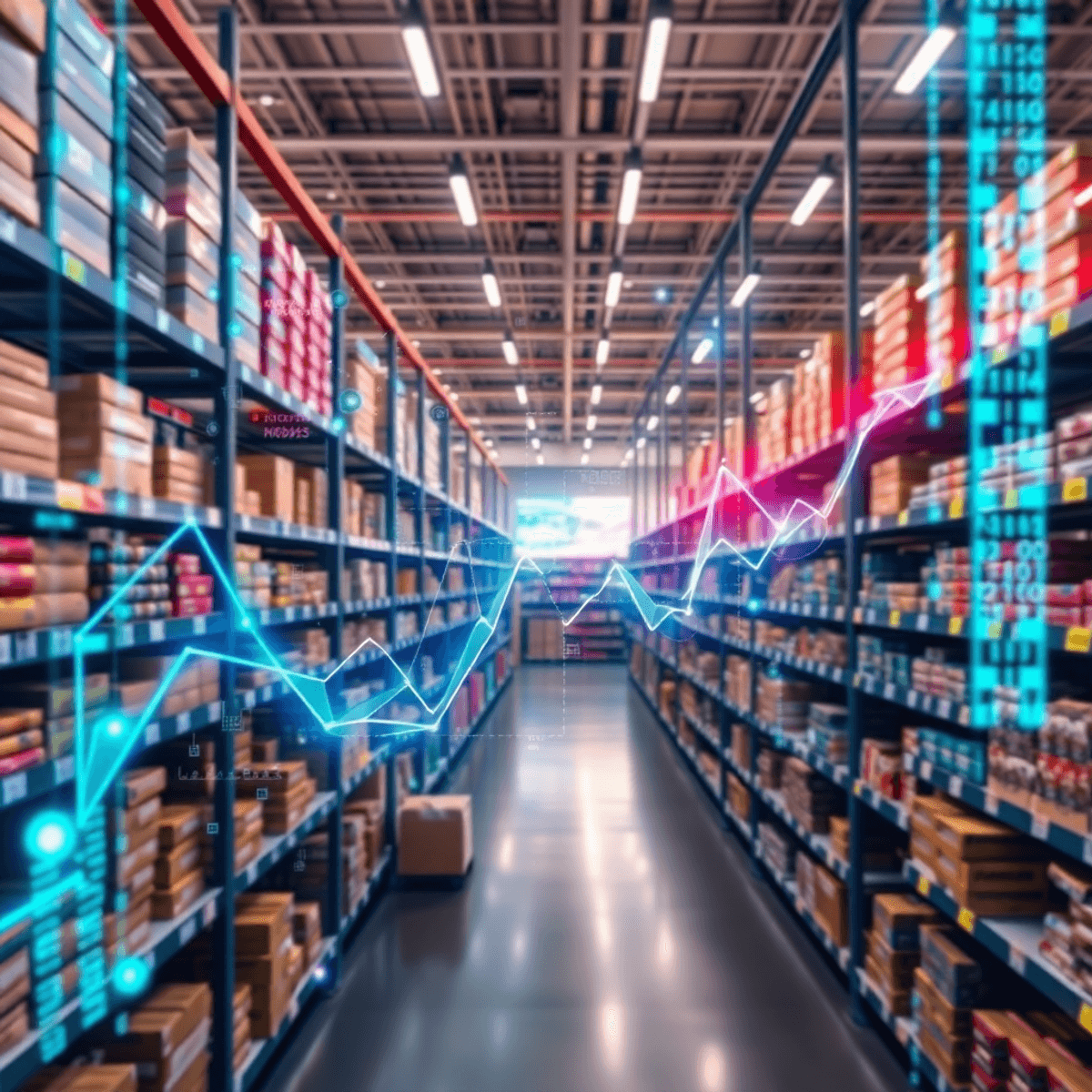 Modern retail warehouse with neatly stocked shelves and glowing digital data streams overlay, symbolizing A...