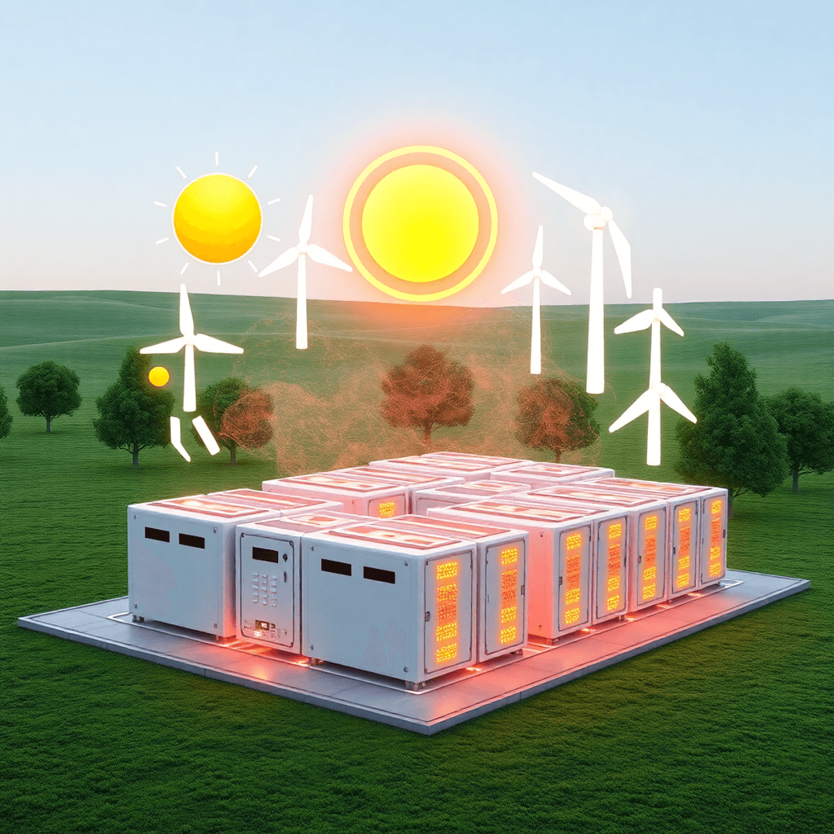 Futuristic energy storage facility with glowing battery units, abstract sunlight and wind elements, set in ...