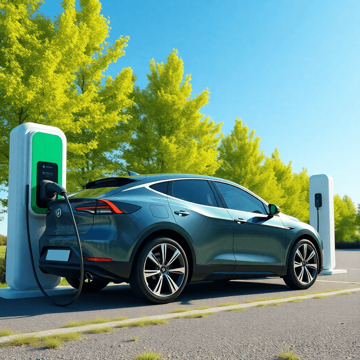 A sleek electric car charging at a futuristic station amid green trees under a clear blue sky, symbolizing ...