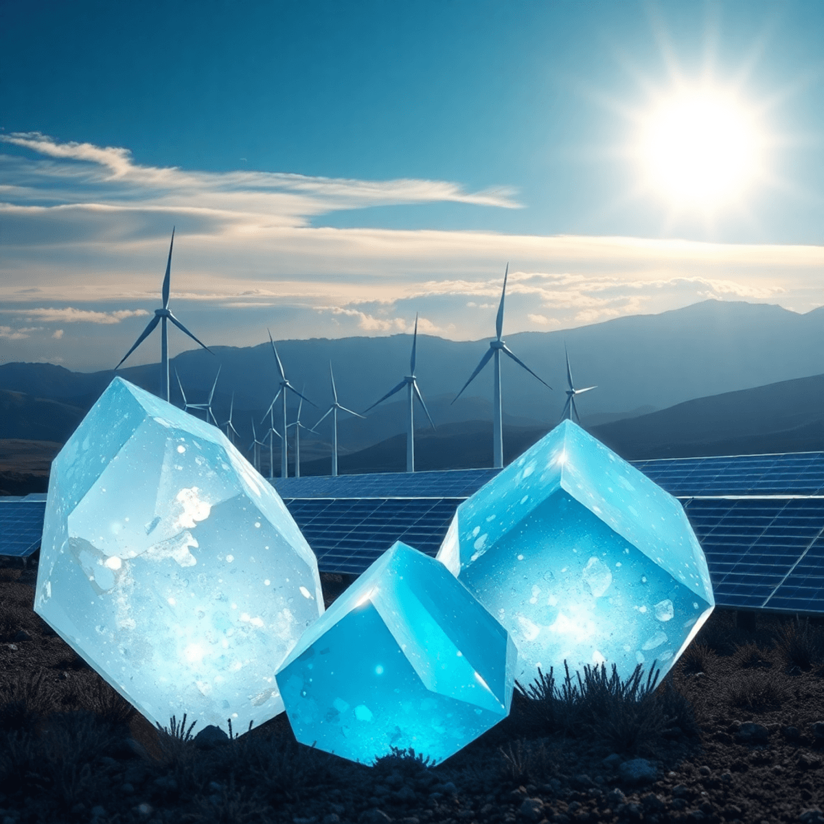 Wind turbines and solar panels in a bright landscape with glowing, abstract mineral crystals in the foregro...