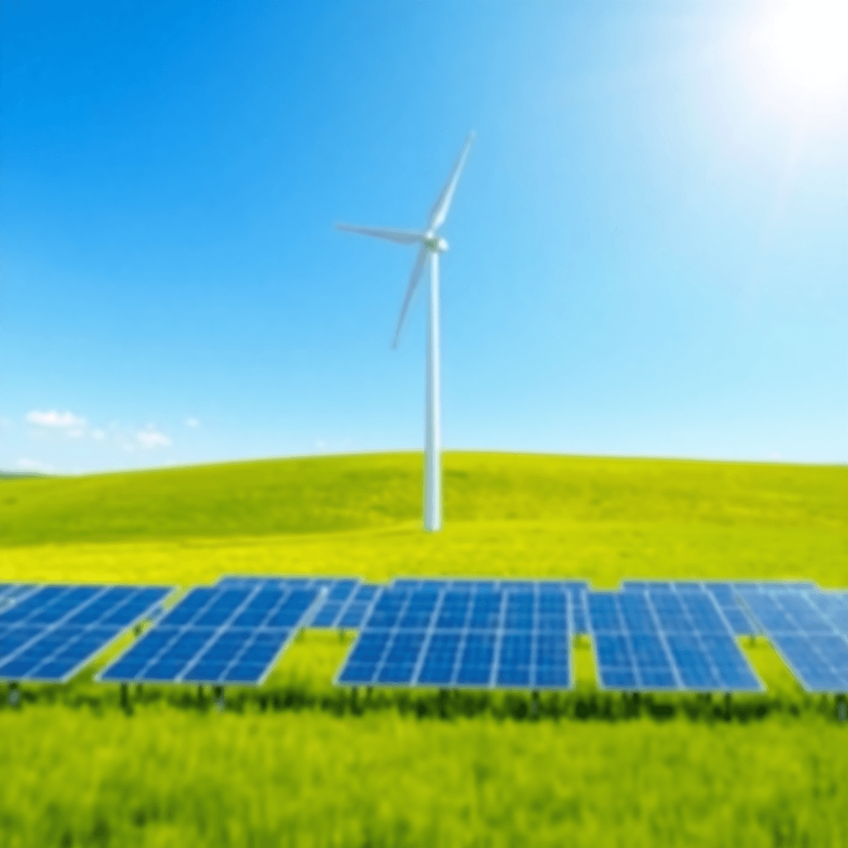 Modern wind turbine and solar panels on a green field under a clear blue sky, symbolizing clean renewable e...