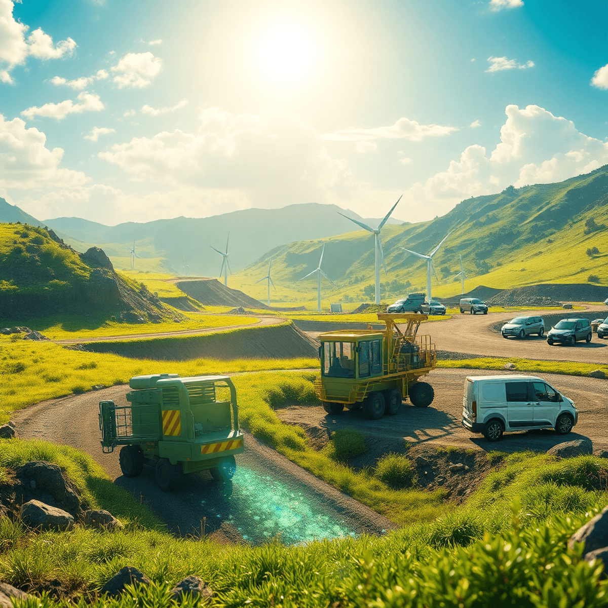 Futuristic eco-friendly mining with glowing minerals, green landscape, wind turbines, electric vehicles, and a bright sky symbolizing sustainability and innovation.