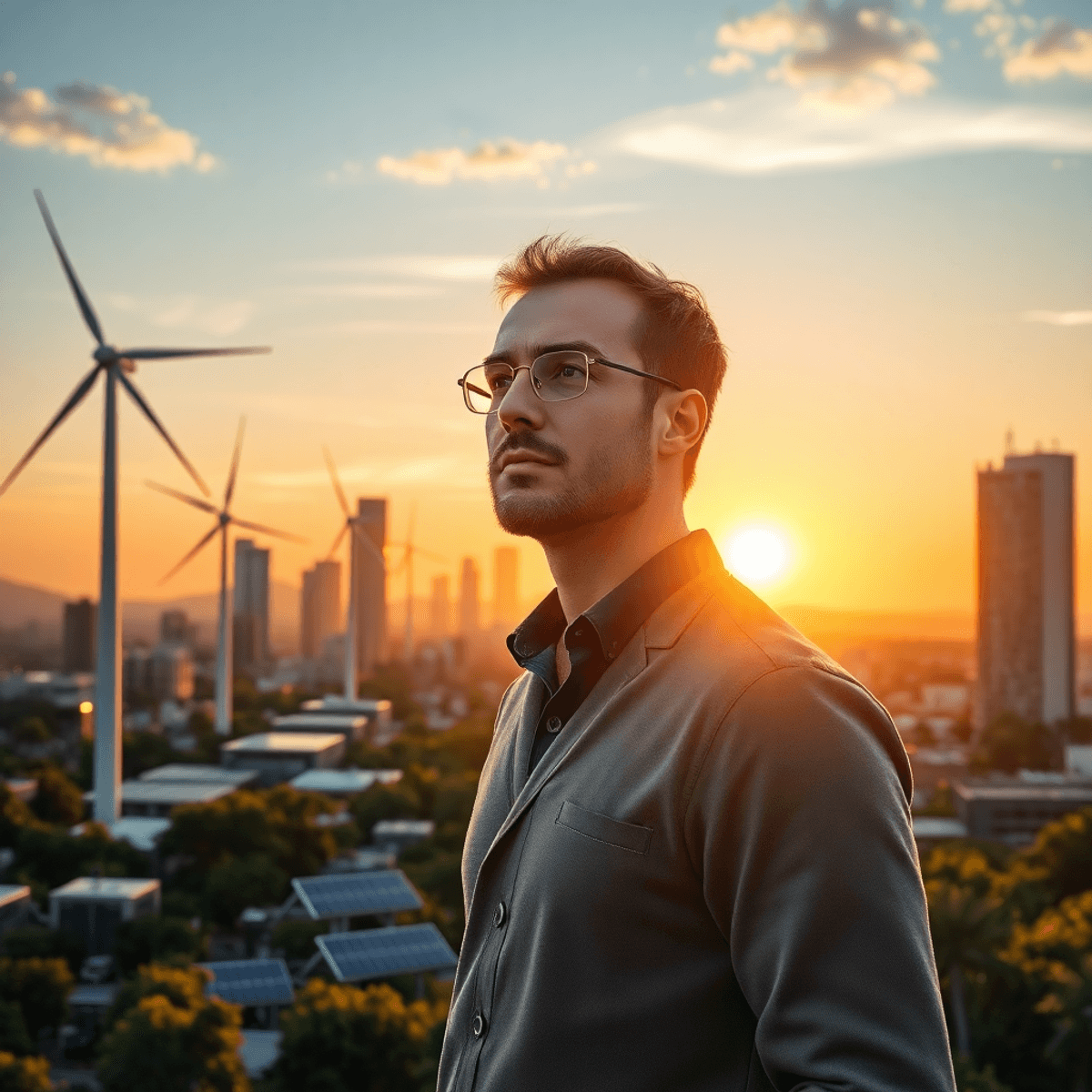 A modern cityscape at sunrise with wind turbines and solar panels, featuring a confident entrepreneur overlooking the scene, symbolizing innovation in renewable energy.