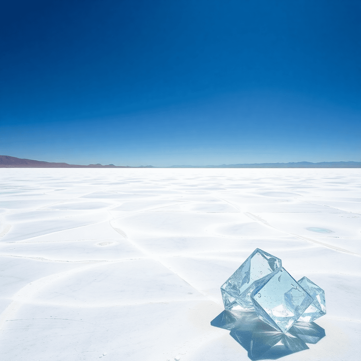 Vast desert with white salt flats, bright blue sky, shallow evaporation ponds reflecting sunlight, and abst...