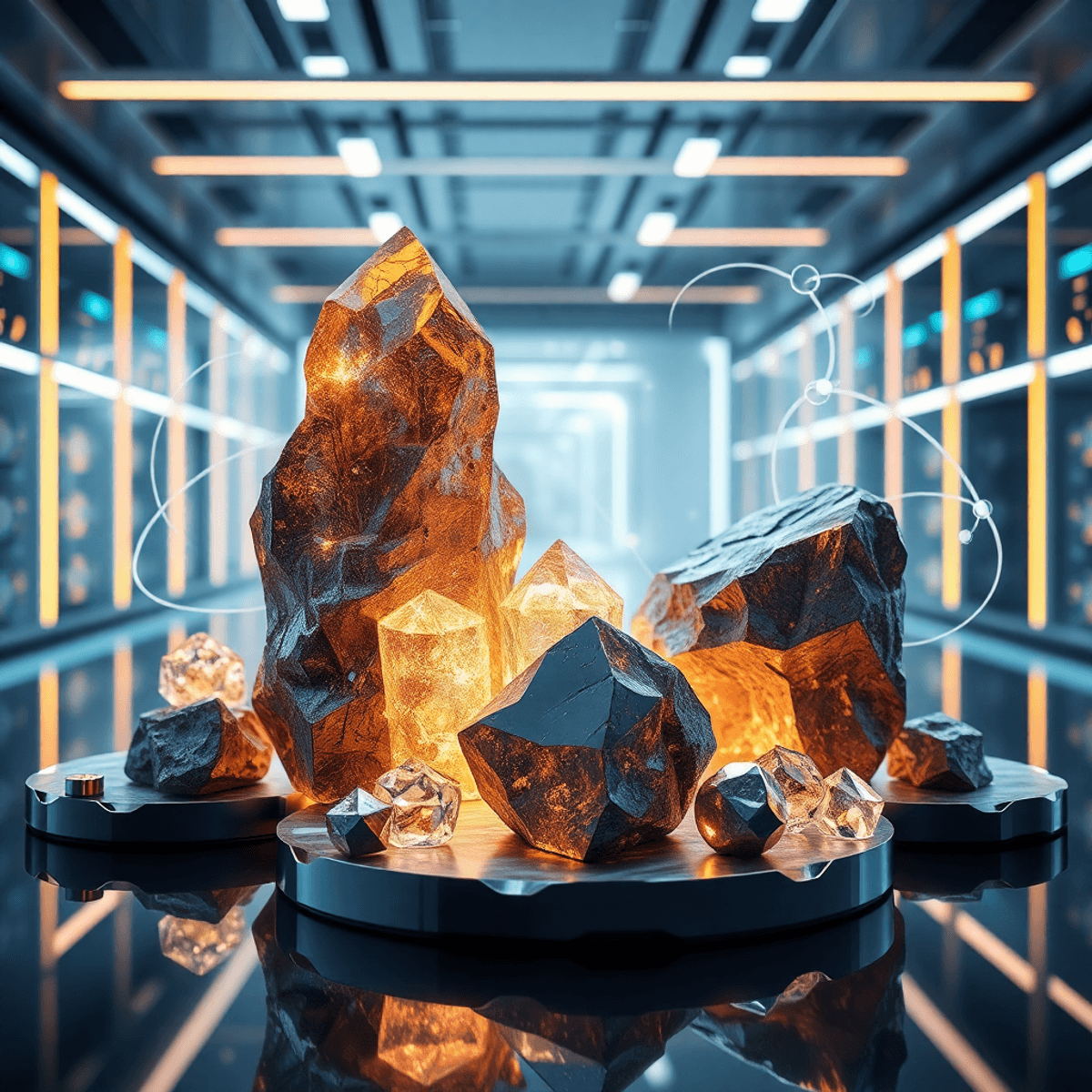 Futuristic lab with glowing crystals, metallic elements, and swirling quantum waves against a sleek, high-t...