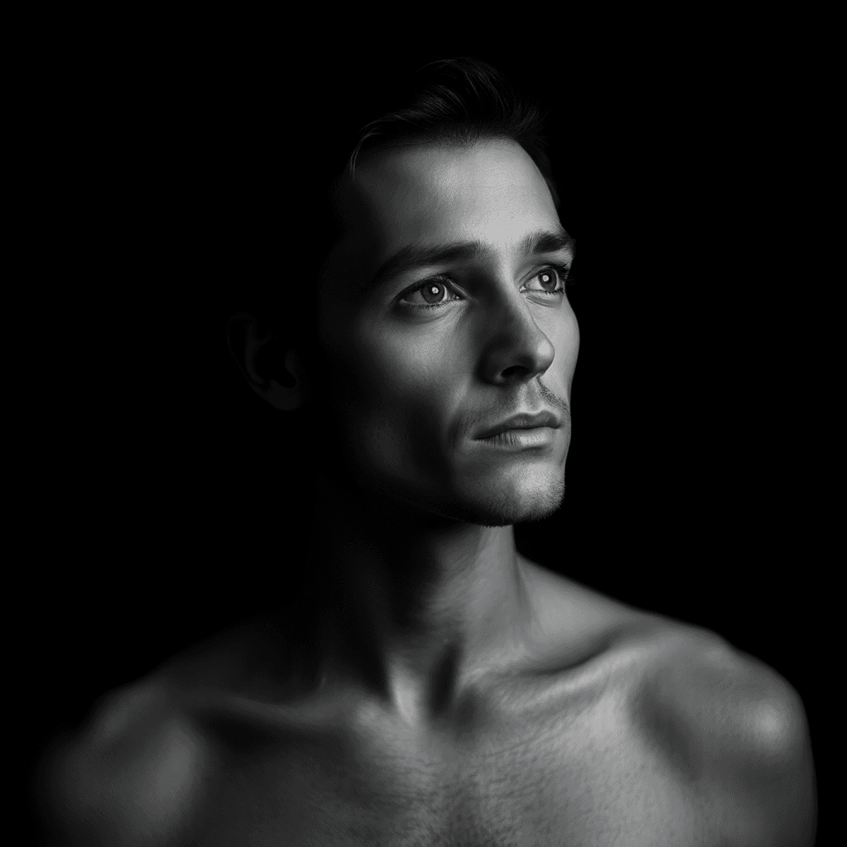 Black and white minimalist portrait of a thoughtful person with strong light and shadow contrasts against a...