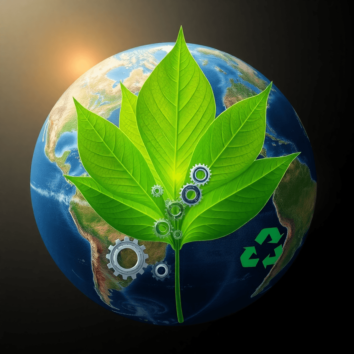 Glowing green leaf intertwined with metallic gears and circuits over a globe showing mining landscapes and ...