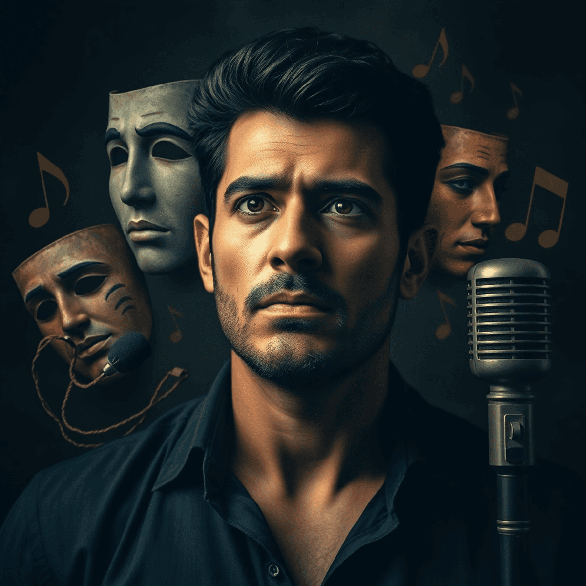 Portrait of a man with an intense expression, surrounded by theater masks, musical notes, and a vintage mic...