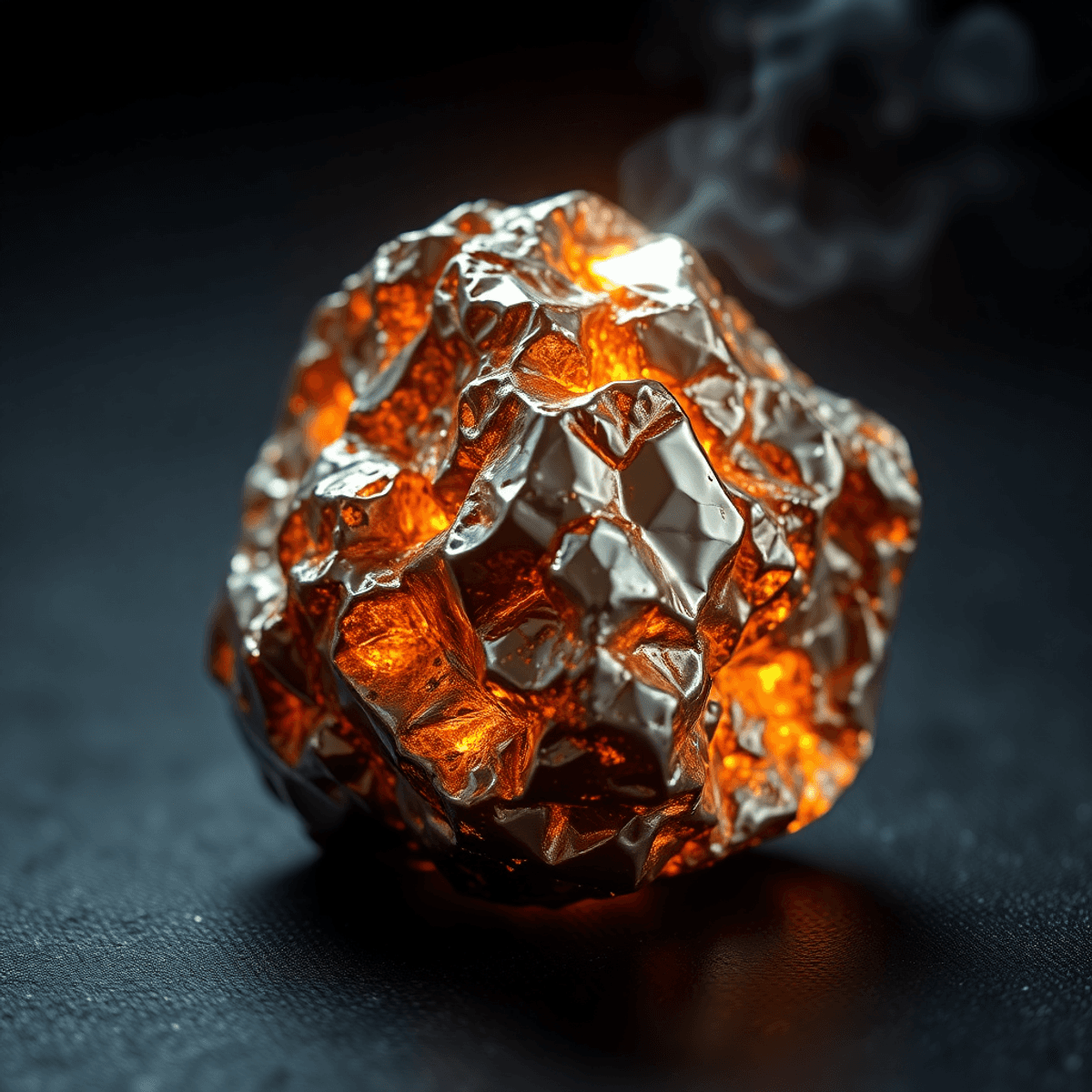 Close-up of a shiny metallic niobium crystal glowing subtly against a dark background with abstract energy ...