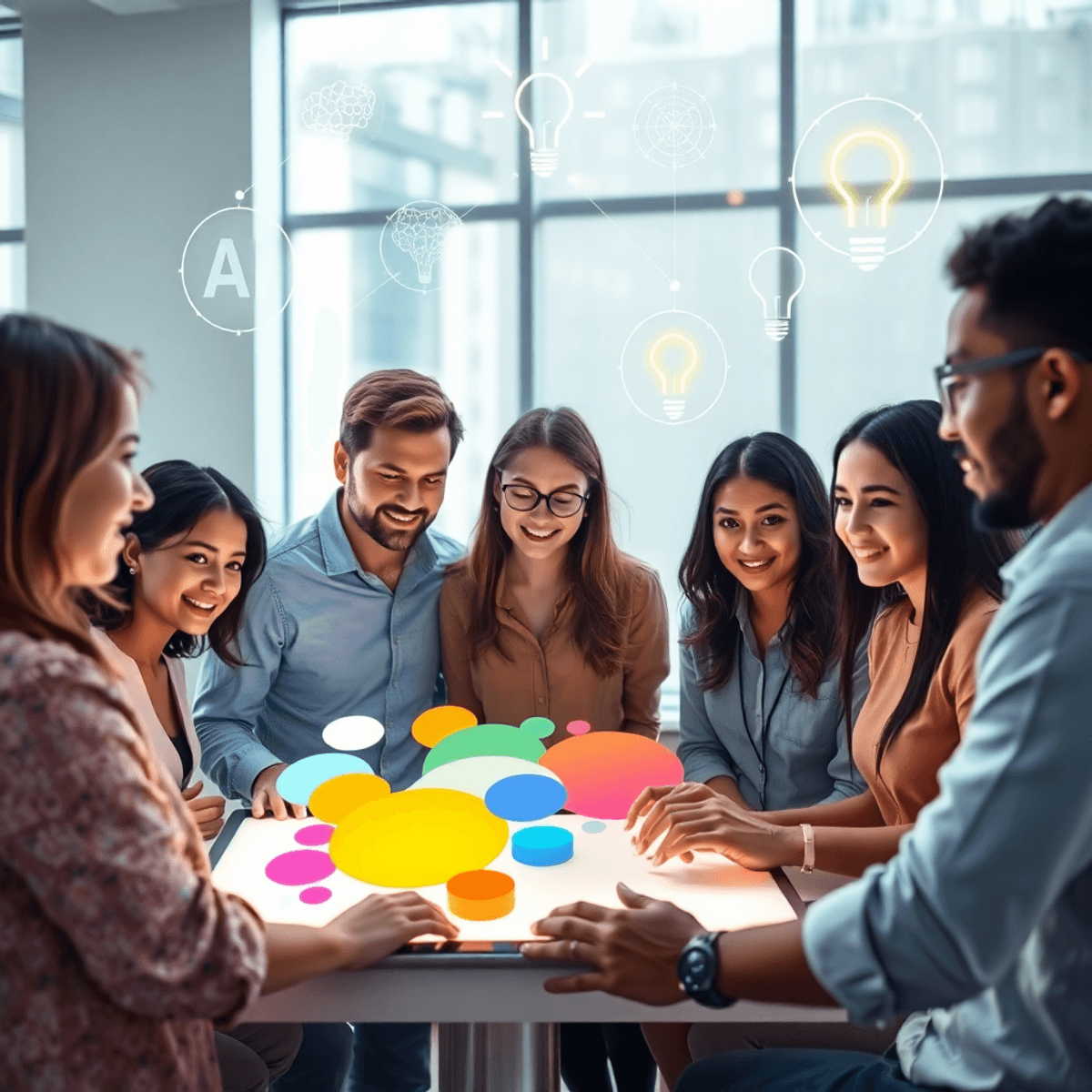 A bright, modern workspace with designers collaborating around a digital tablet showing colorful abstract s...