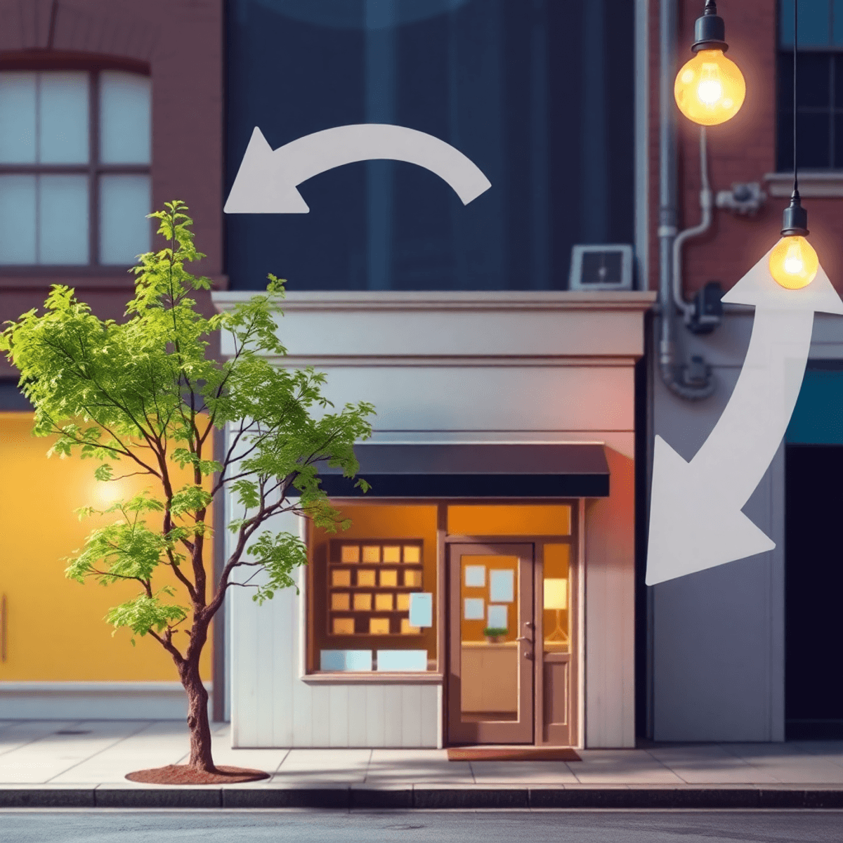Cozy storefront in a city with swirling arrows, a sturdy tree, and glowing bulbs symbolizing market change,...