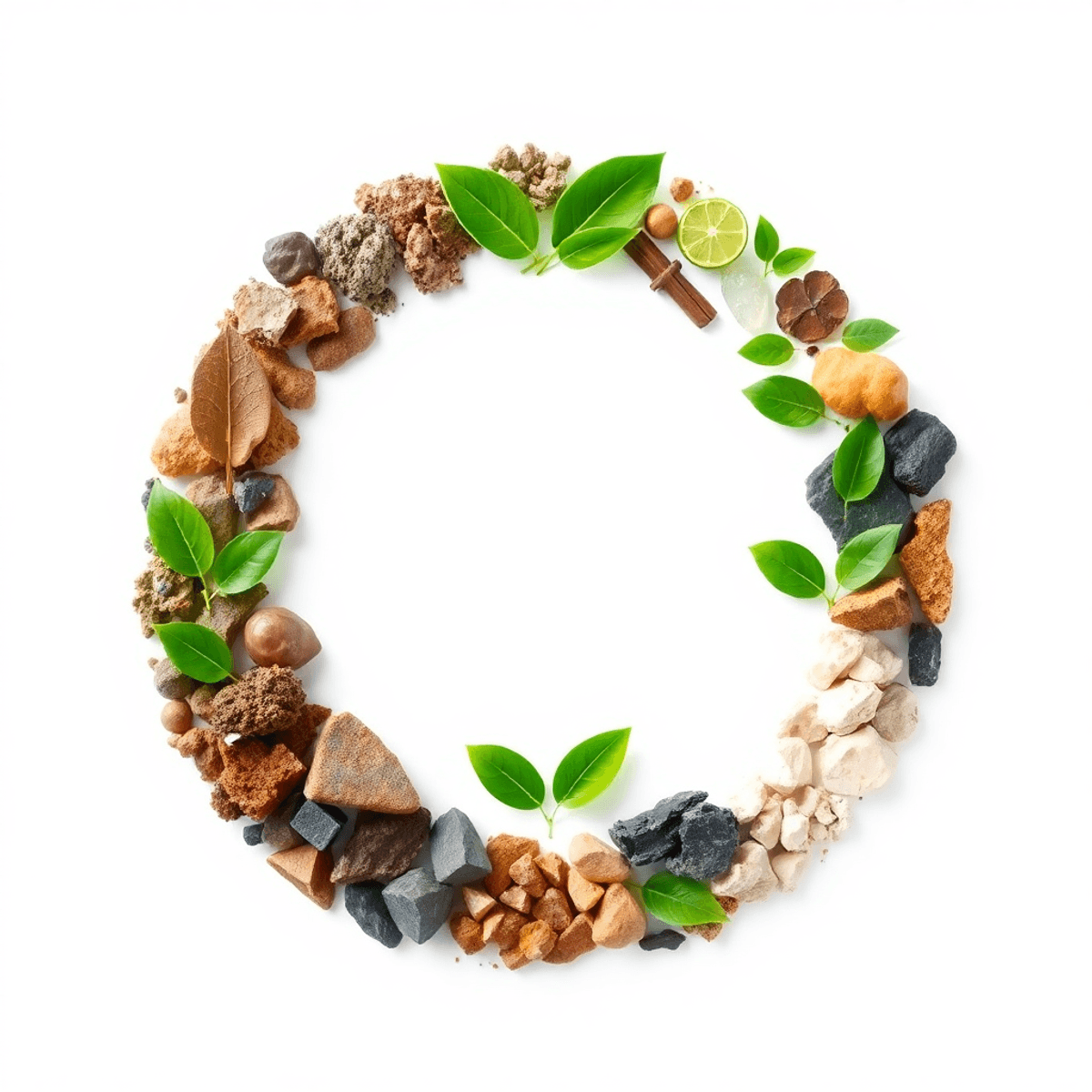 Circular loop of raw materials transitioning into green leaves and renewable energy icons on a bright backg...