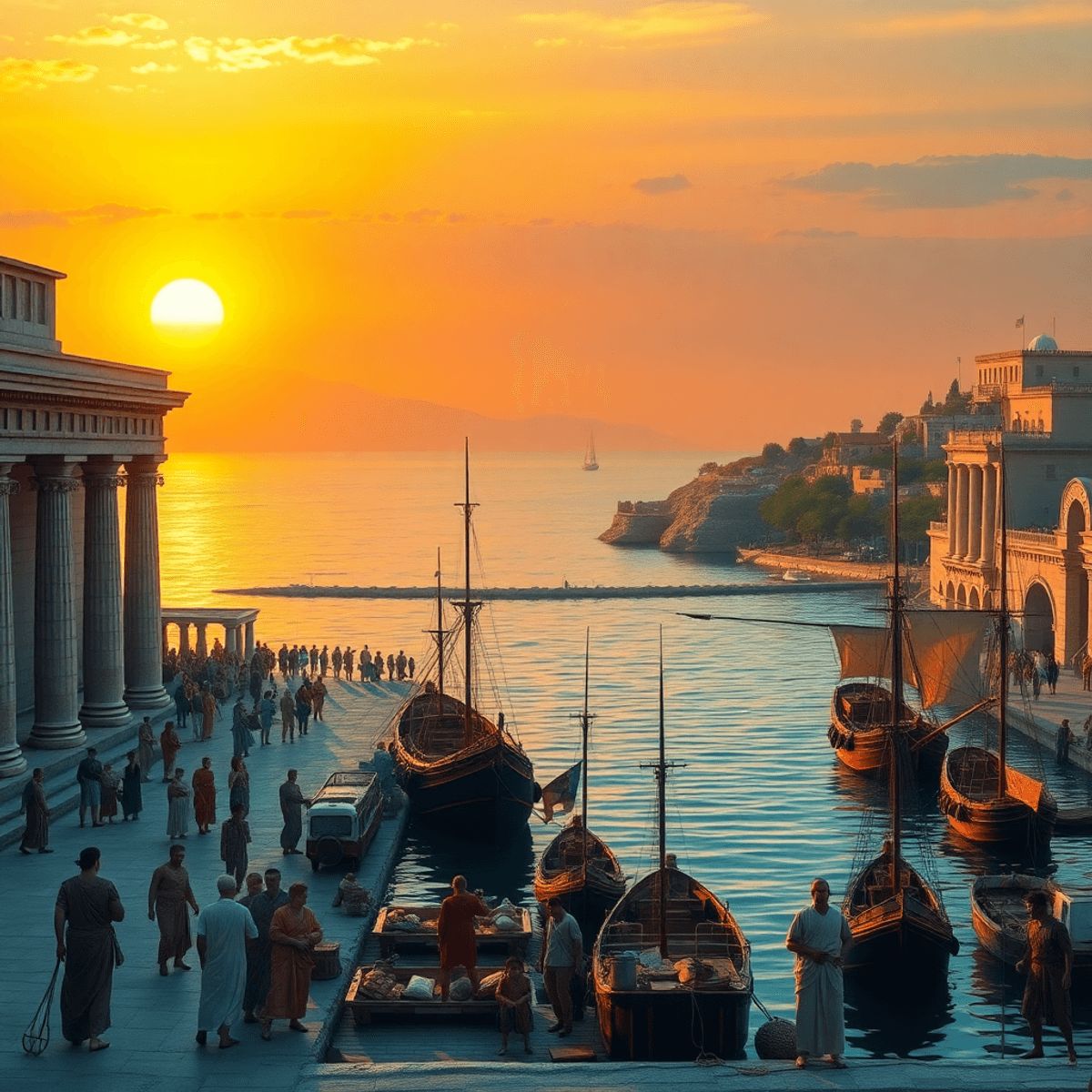 Sunset over an ancient Mediterranean harbor with Greek columns, merchant ships, and bustling trade along the waterfront by a calm sea and narrow isthmus.