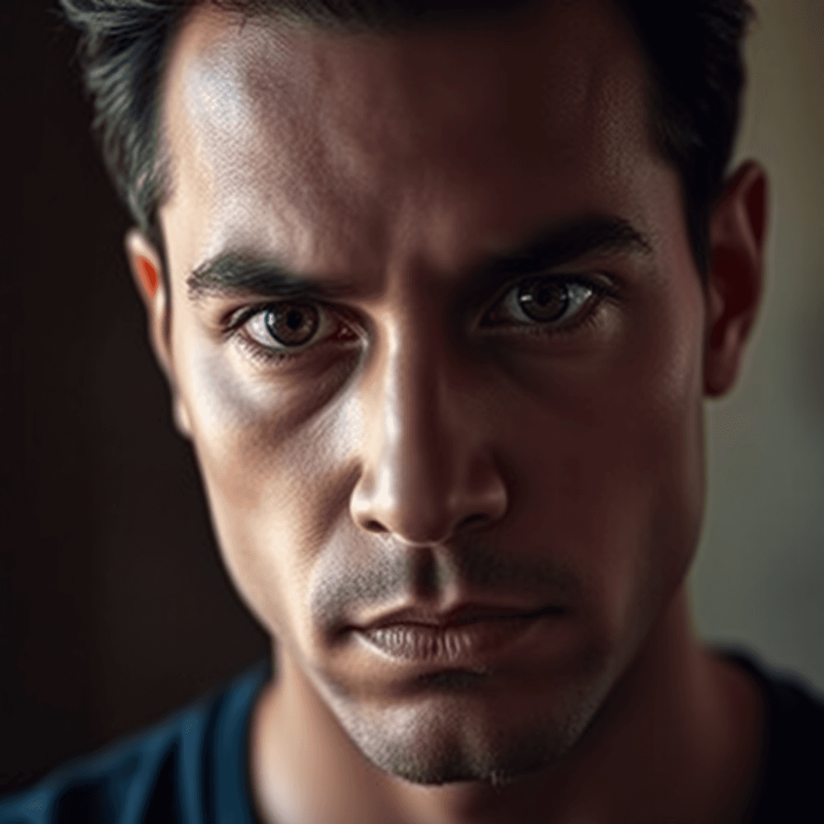 Close-up portrait of a thoughtful man with intense eyes and subtle expressions against a softly blurred bac...