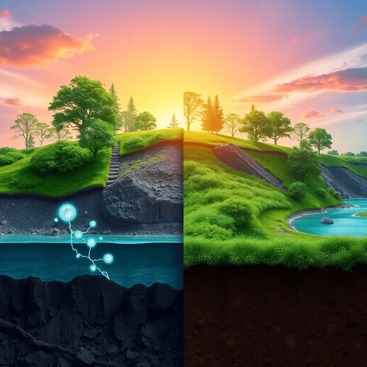 Split landscape showing barren mined land beside lush greenery with trees, water, and glowing particles sym...