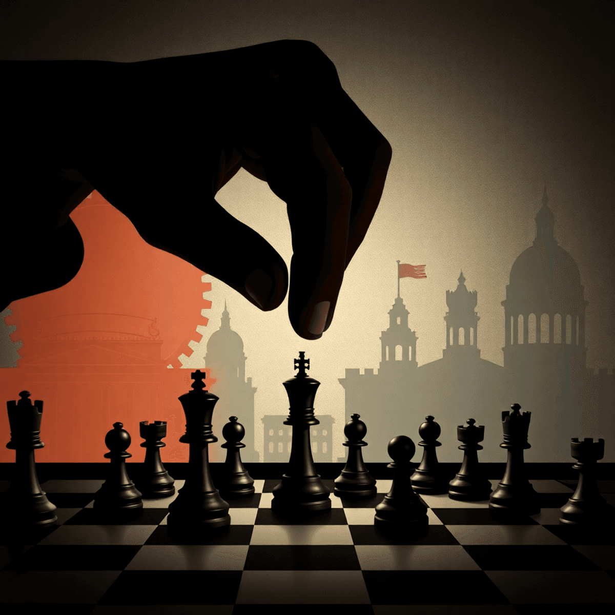 Shadowy hand moves chess pieces on a board with abstract symbols of government in the background, symbolizi...