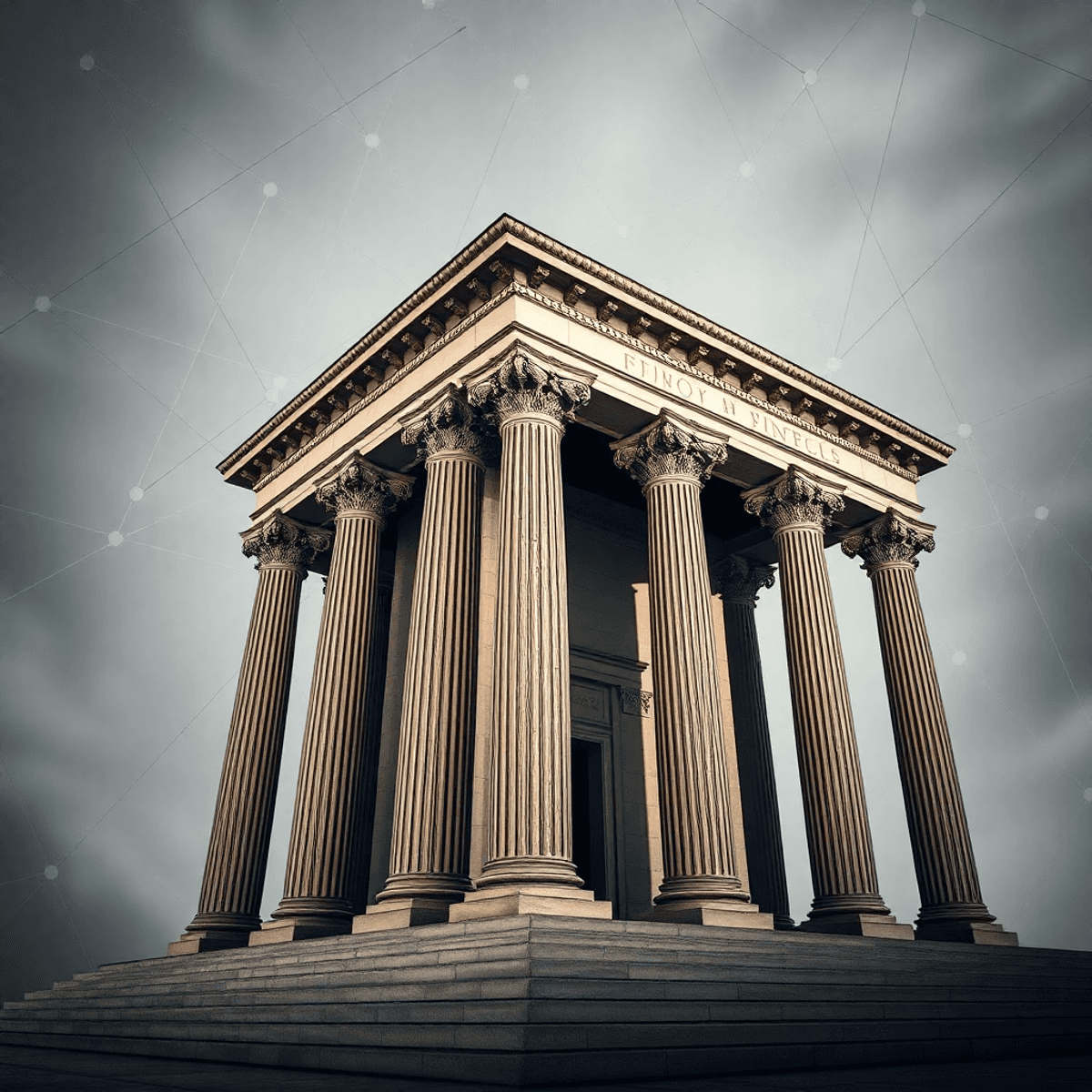 Grand classical building with towering columns and intricate details, set against abstract interconnected l...