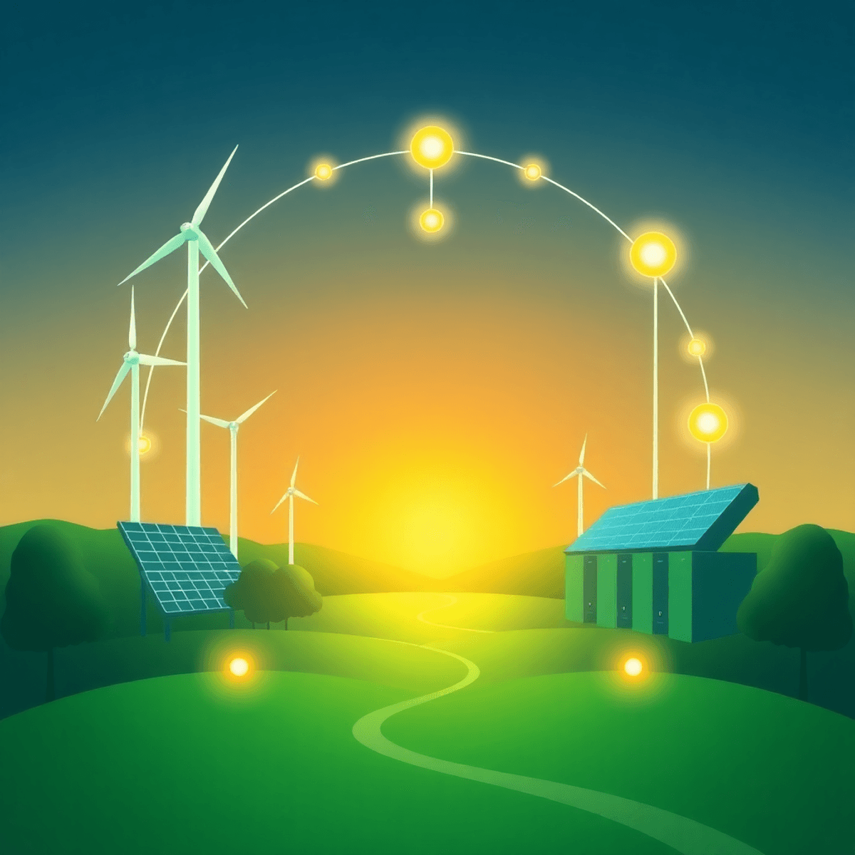 Illustration of green energy transition with wind turbines, solar panels, battery units connected by glowin...