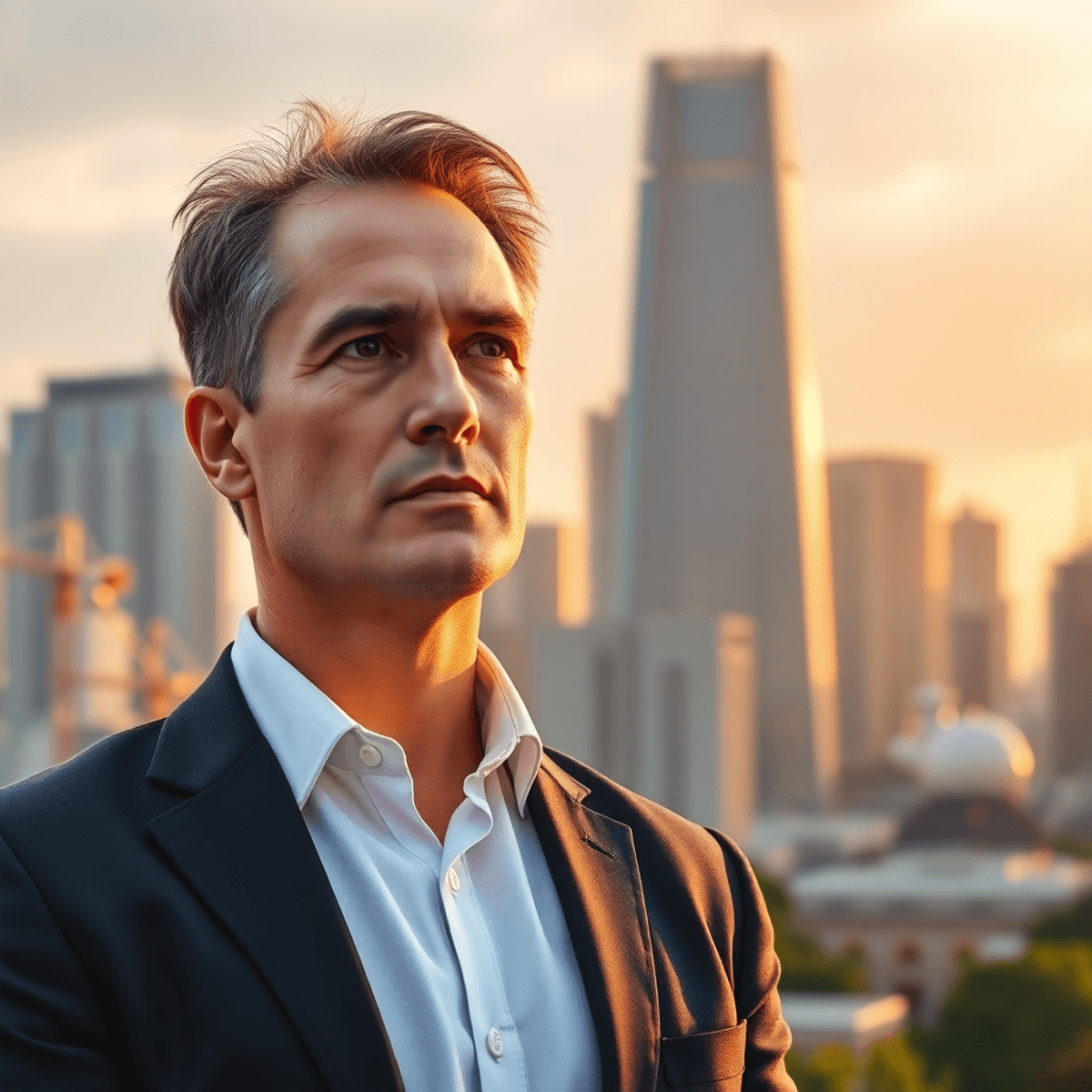 Middle-aged man in business attire stands confidently with city skyline, cranes, and greenery at golden hou...