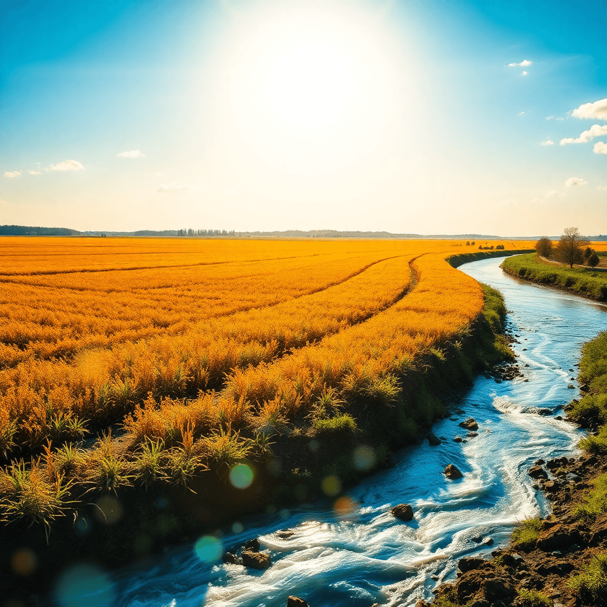 Vibrant agricultural field by a flowing river under bright sky, with glowing abstract shapes symbolizing nu...