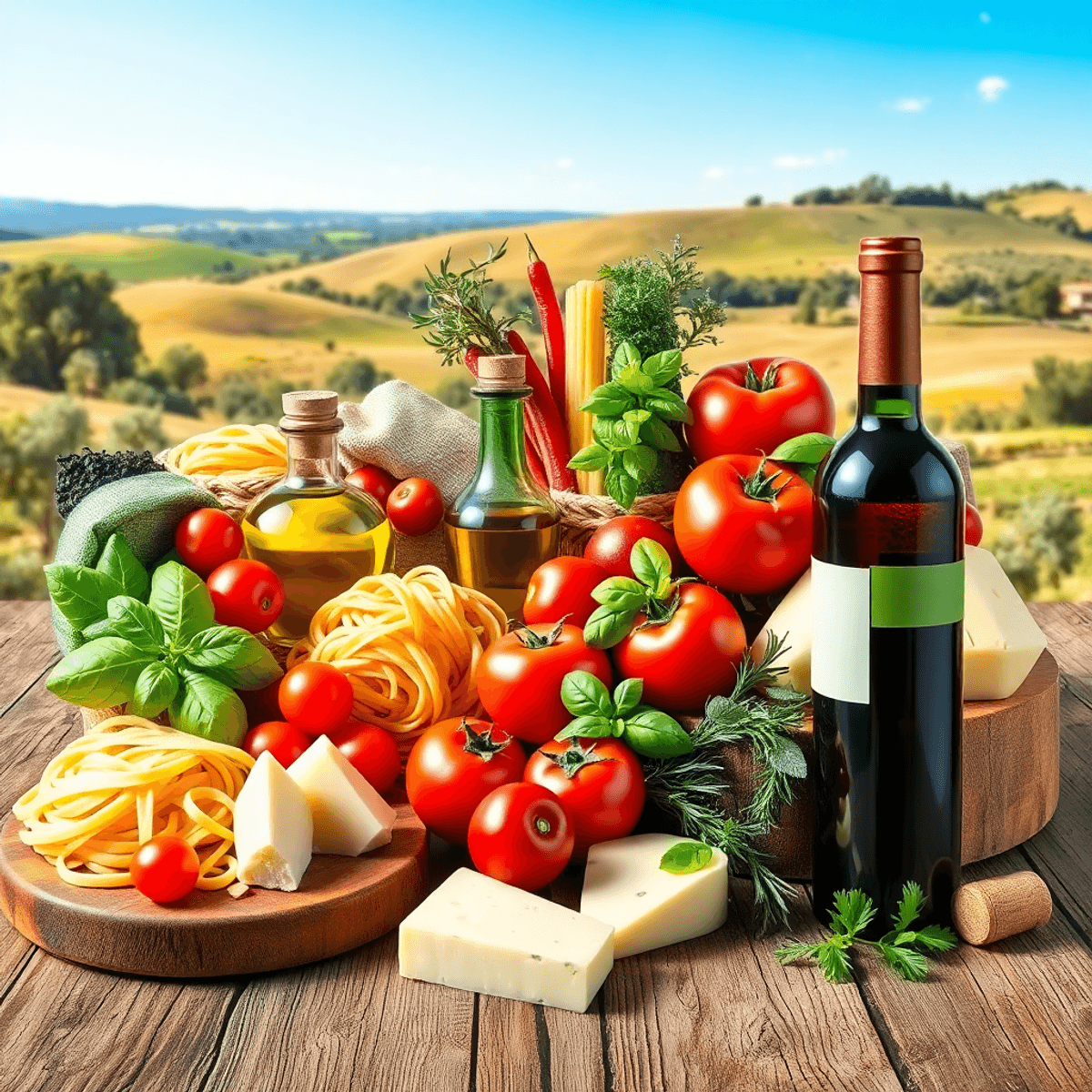 A vibrant collage of Italian regional foods on rustic wood: fresh pasta, vegetables, olive oil, tomatoes, c...