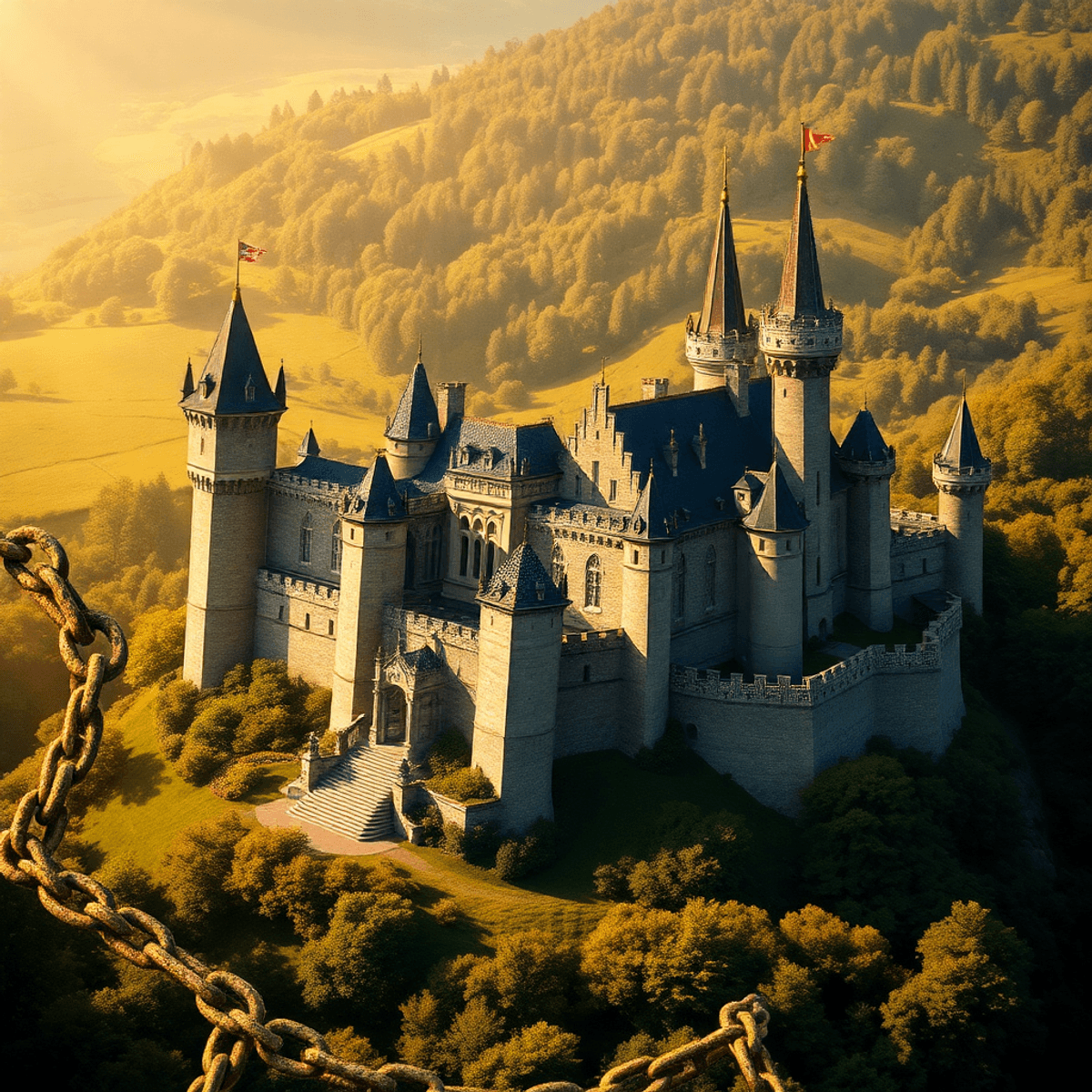 Medieval European castle surrounded by lush greenery with symbolic interconnected chains, bathed in warm go...