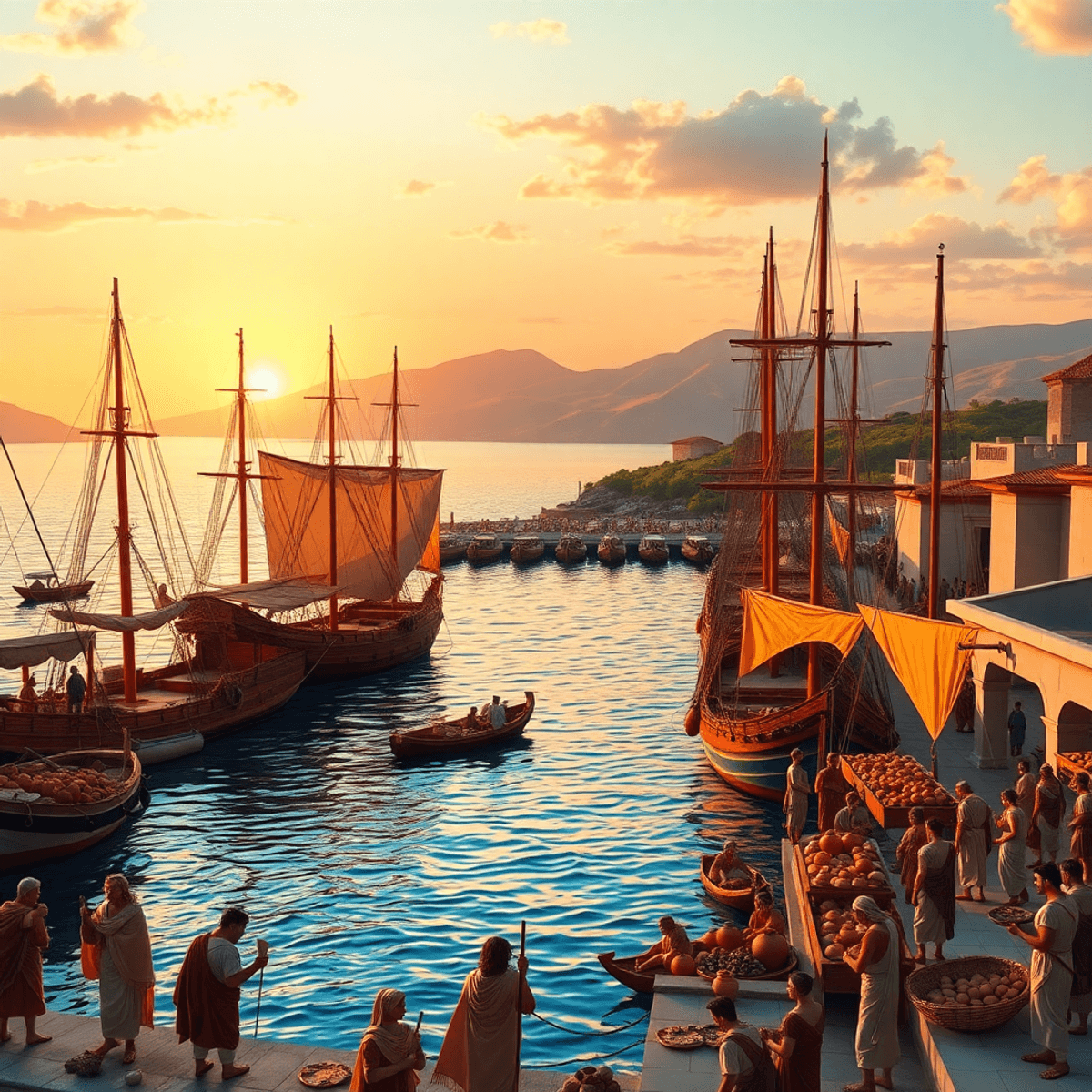 Sunset view of an ancient Mediterranean harbor with Greek-style ships, merchants trading pottery, and a nar...