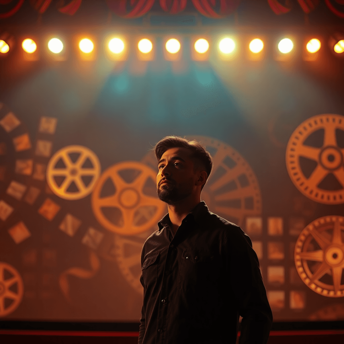 A thoughtful actor on a warmly lit stage, surrounded by abstract film reels and historical symbols blending...